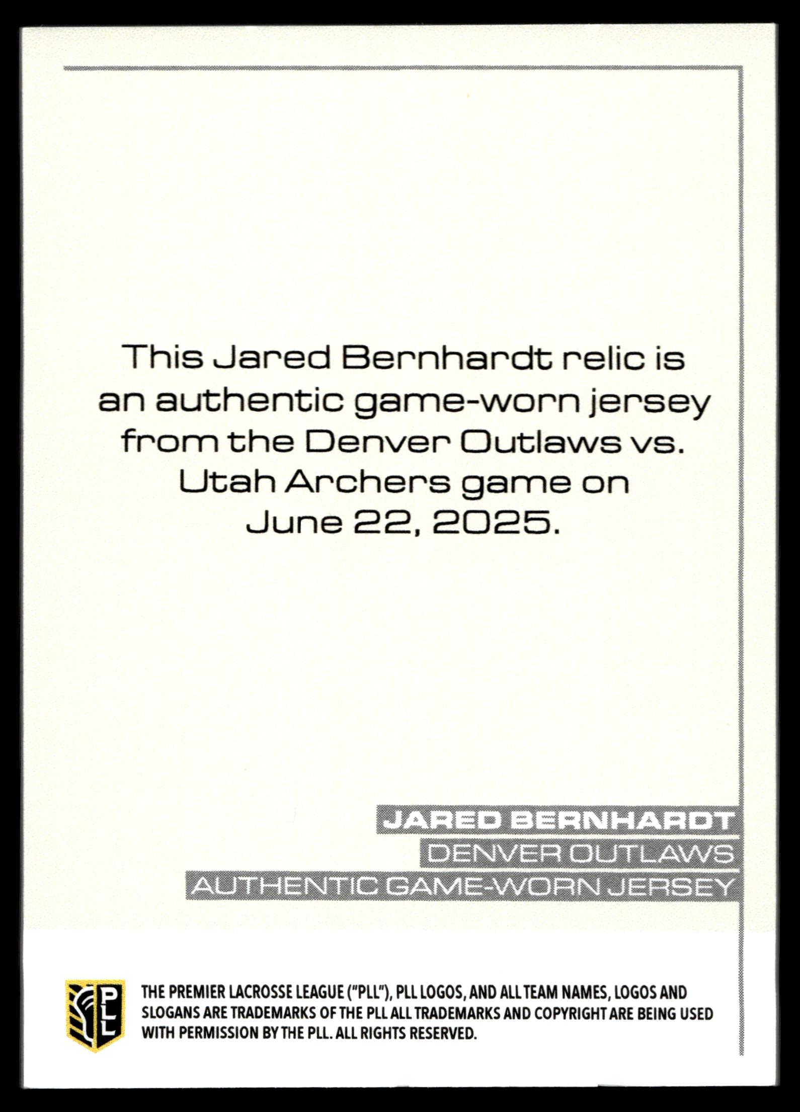 Jared Bernhardt 2025 PLL Flagship Denver Outlaws Relics