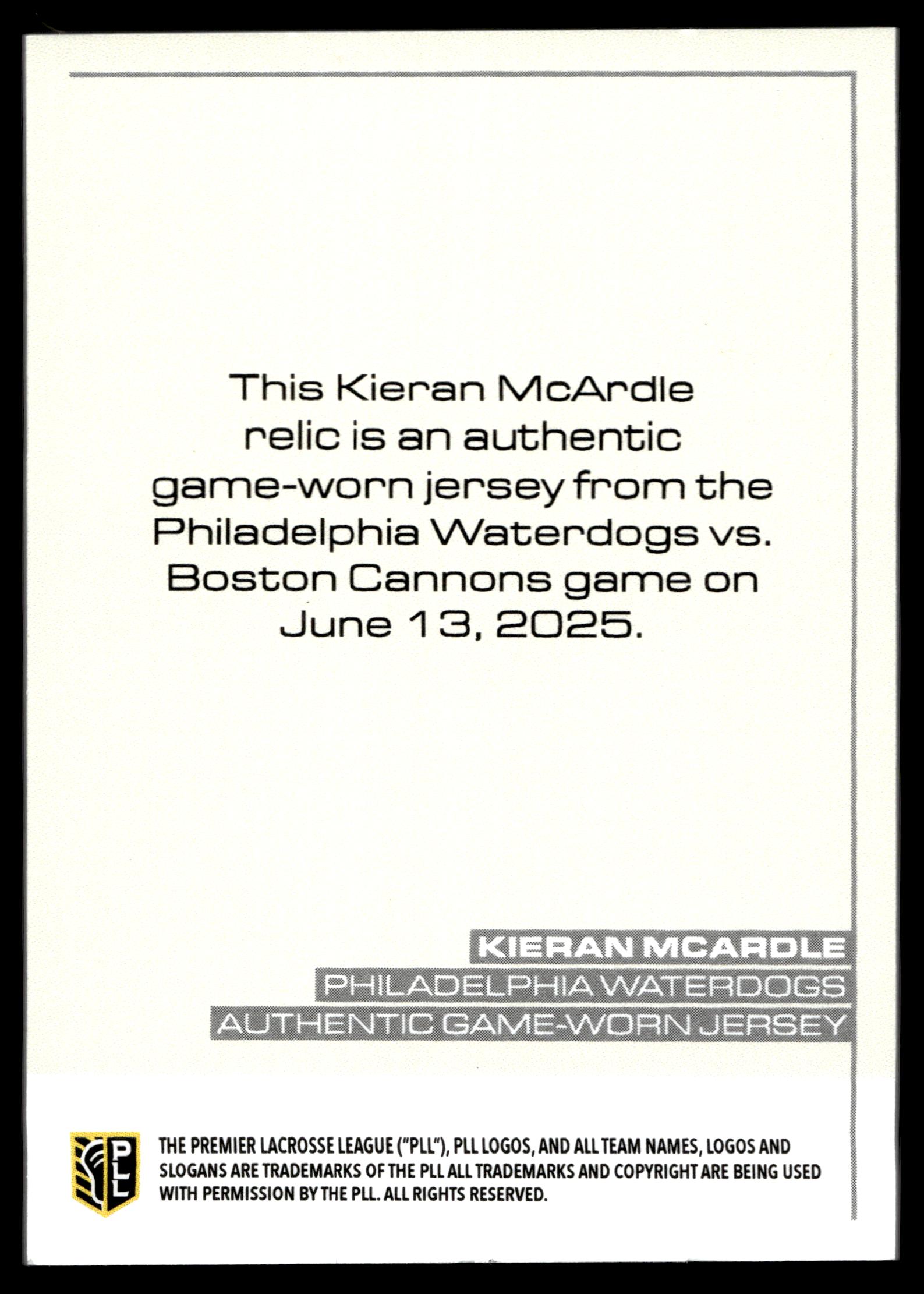 Kieran McArdle 2025 PLL Flagship Philadelphia Waterdogs Relics