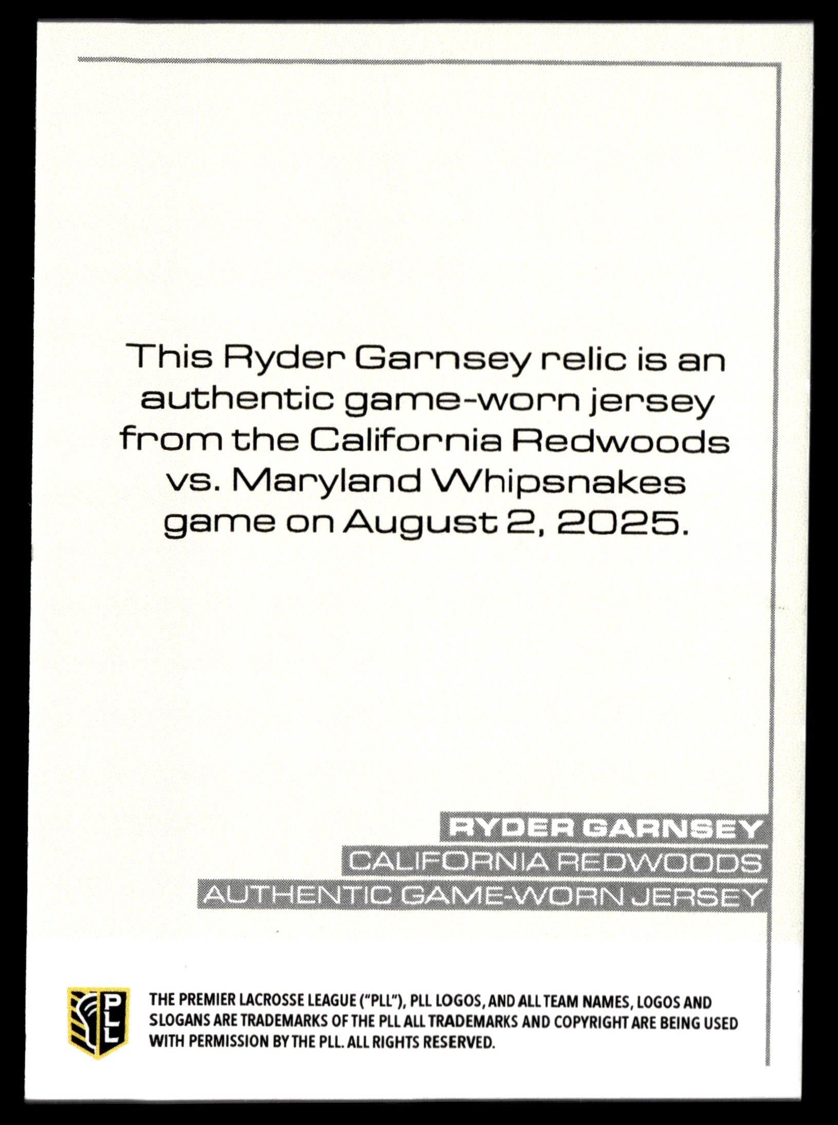 Ryder Garnsey 2025 PLL Flagship California Redwoods Relics
