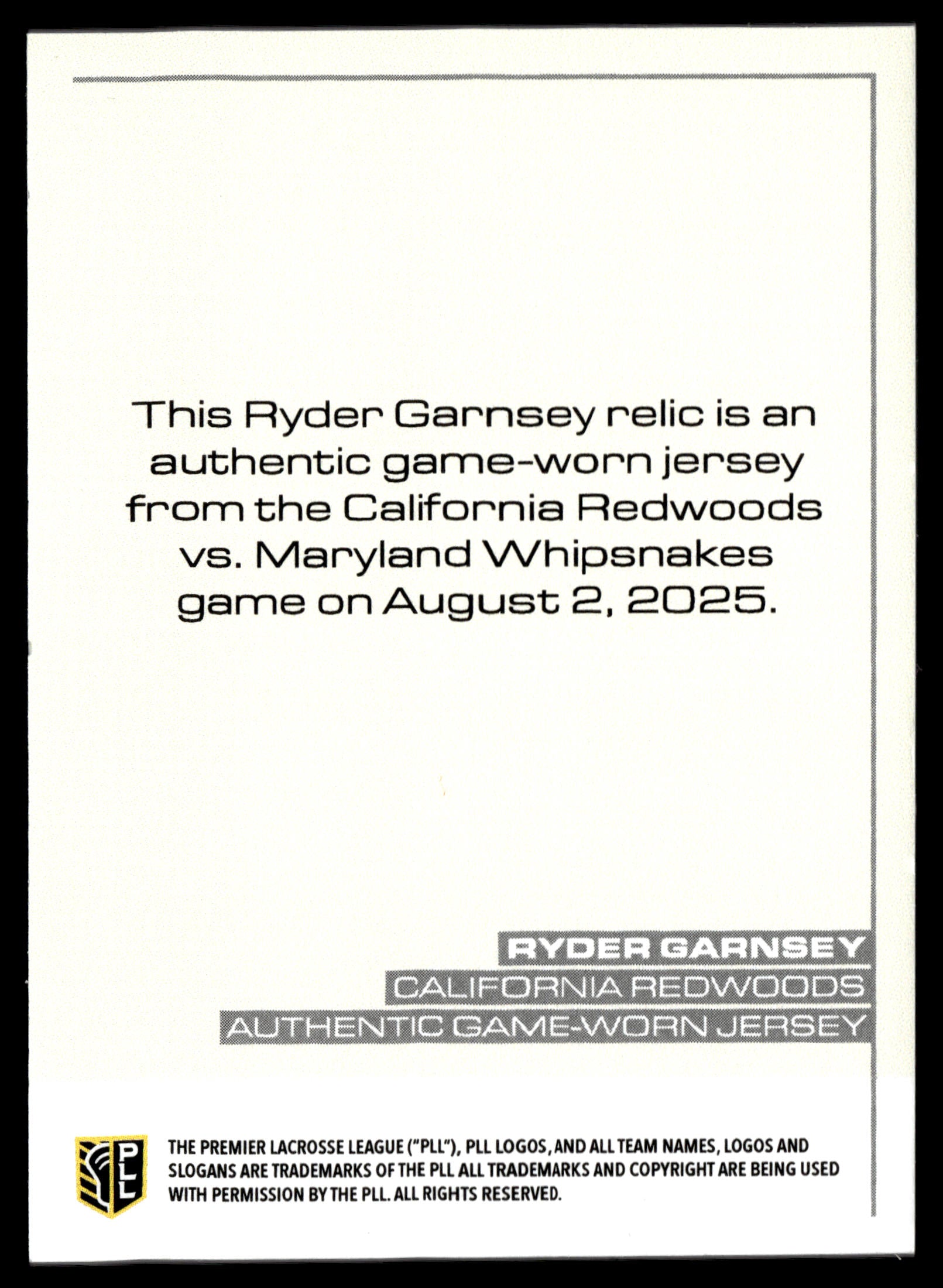Ryder Garnsey 2025 PLL Flagship California Redwoods Relics