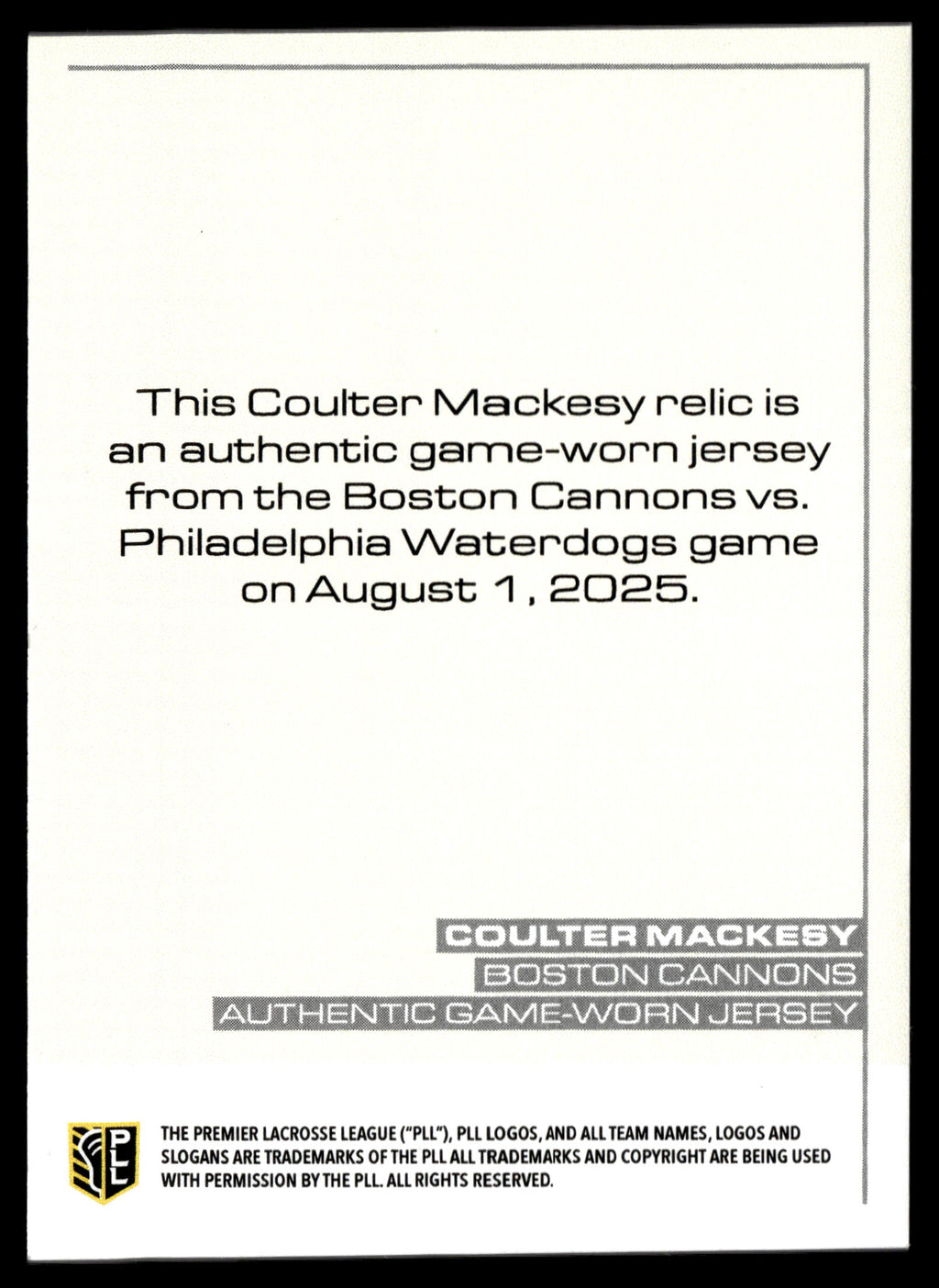 Coulter Mackesy 2025 PLL Flagship Boston Cannons Relics
