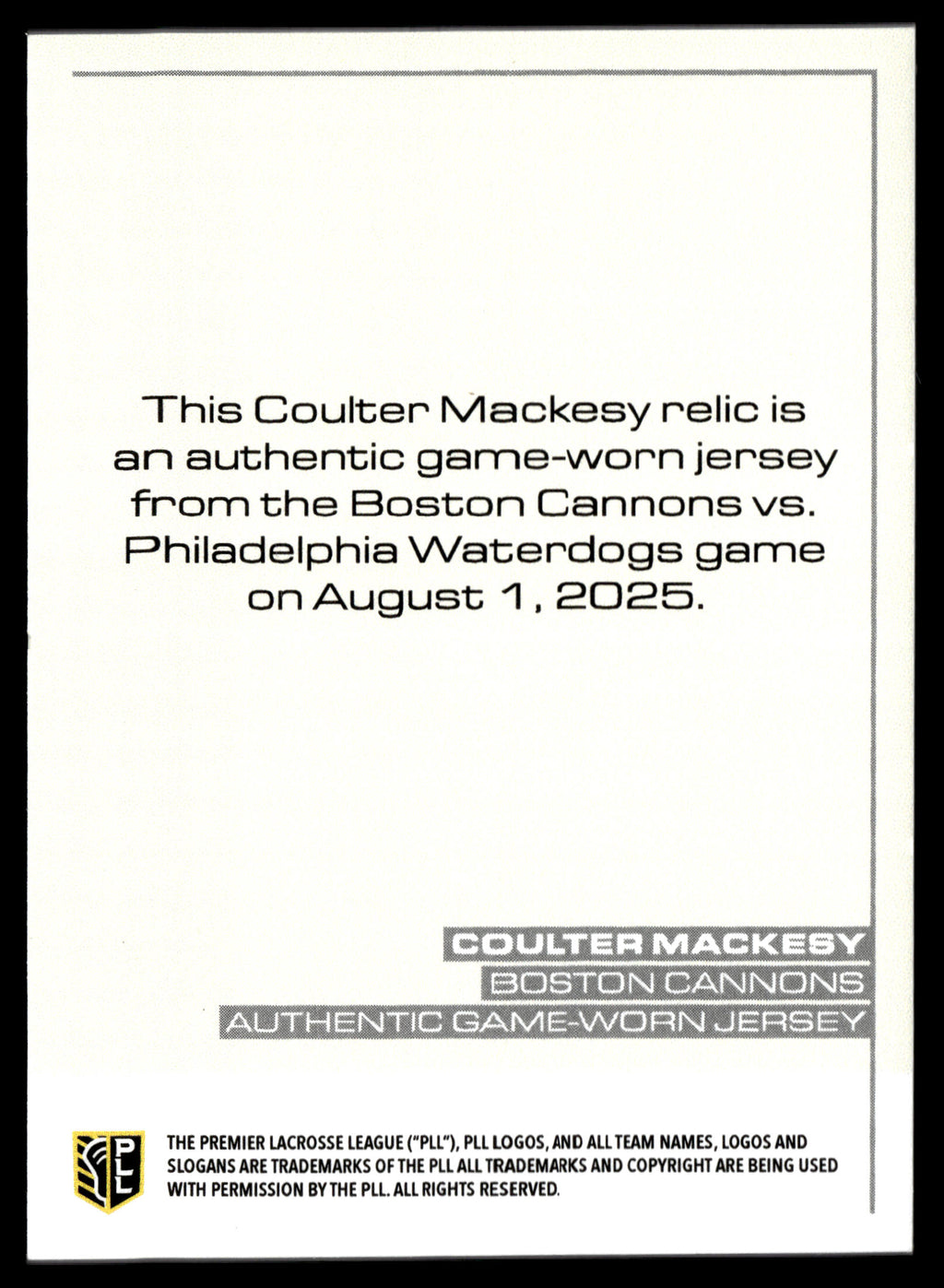 Coulter Mackesy 2025 PLL Flagship Boston Cannons Relics