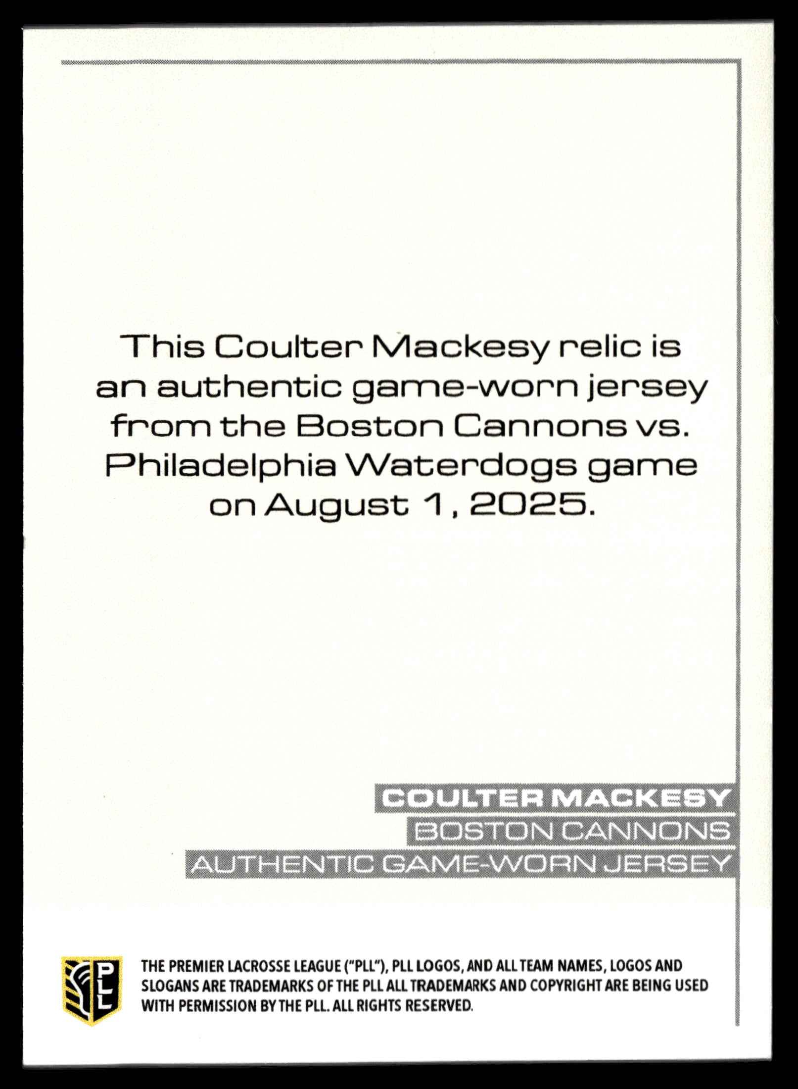 Coulter Mackesy 2025 PLL Flagship Boston Cannons Relics