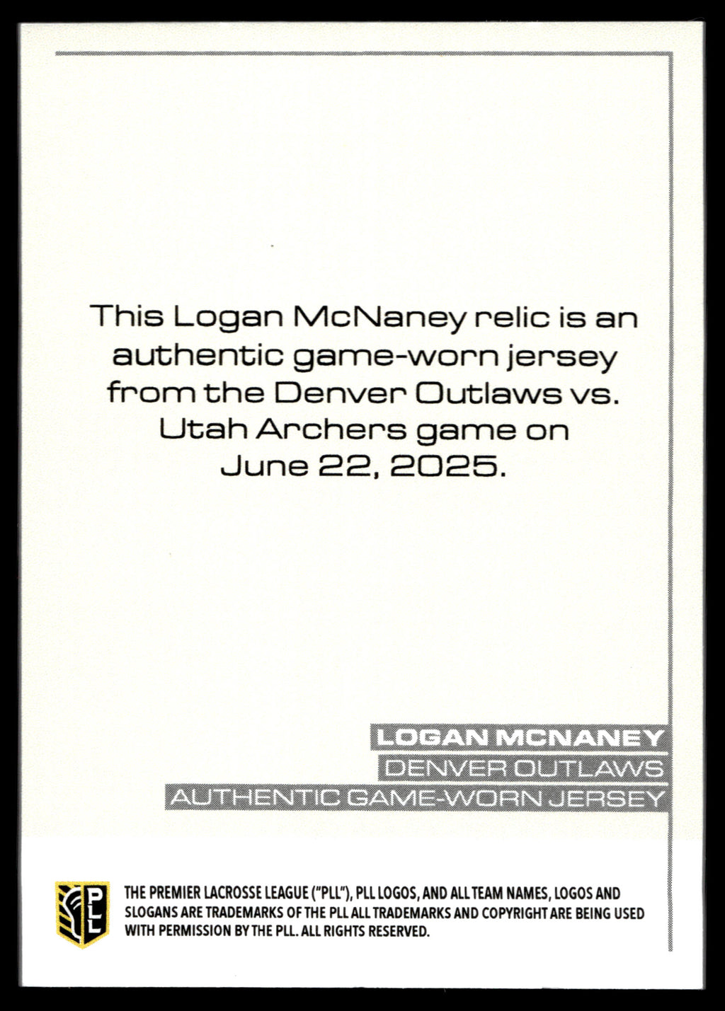 Logan McNaney 2025 PLL Flagship Denver Outlaws Relics