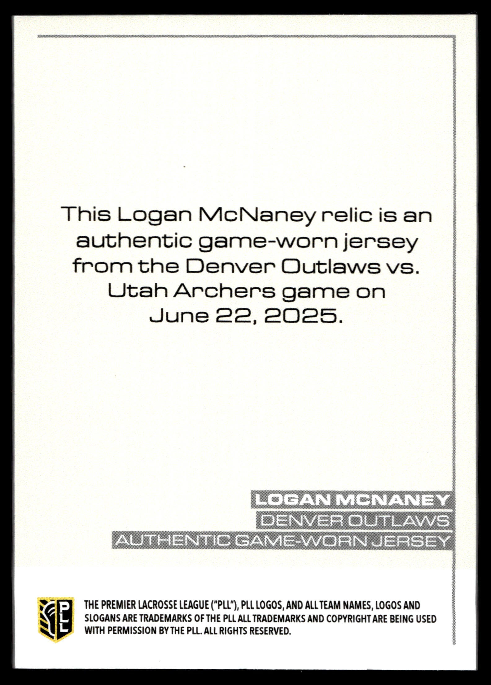 Logan McNaney 2025 PLL Flagship Denver Outlaws Relics