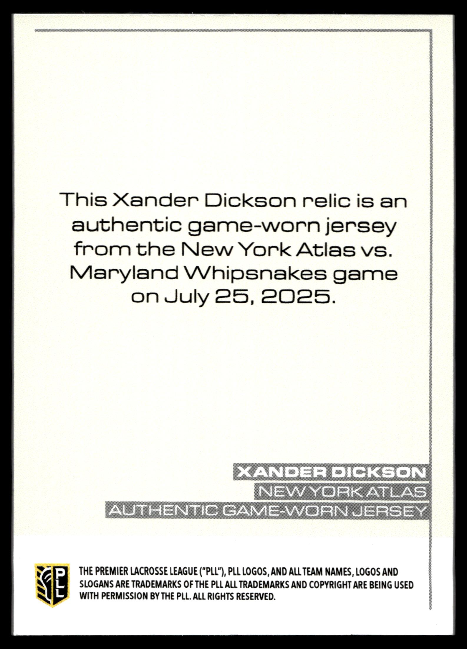 Xander Dickson 2025 PLL Flagship New York Atlas Relic