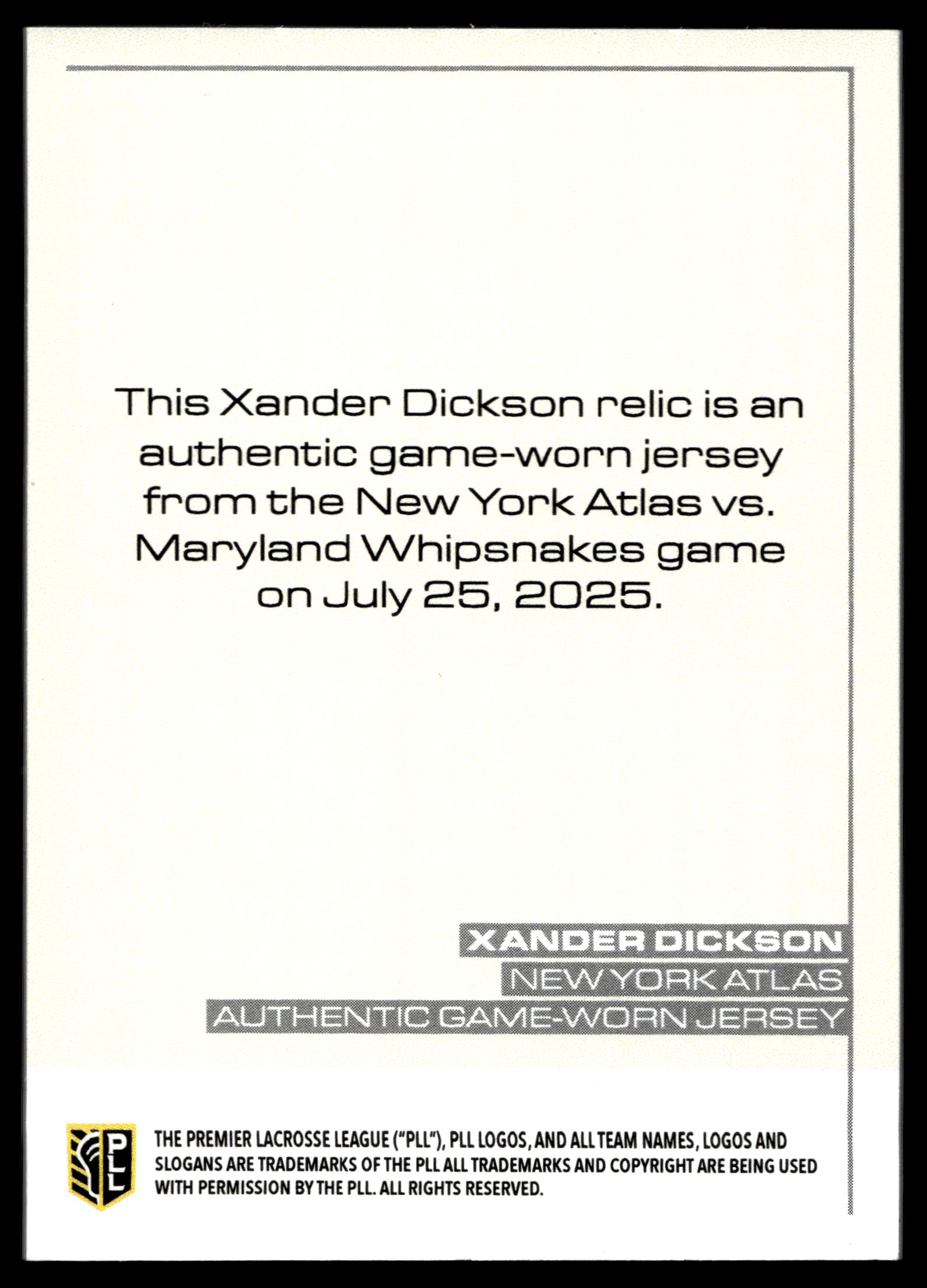 Xander Dickson 2025 PLL Flagship New York Atlas Relic