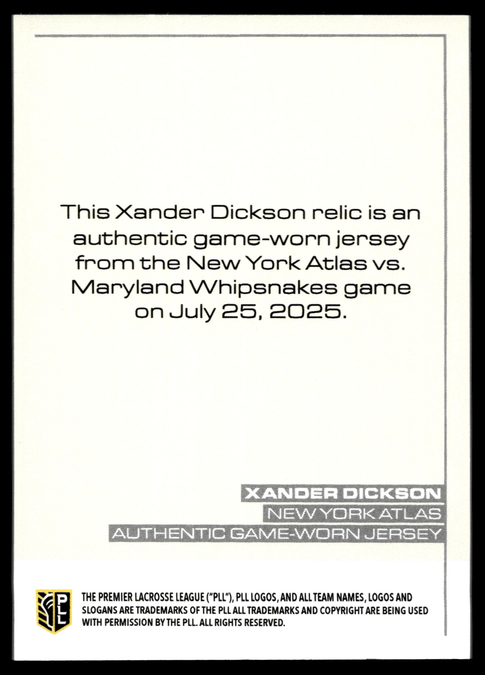 Xander Dickson 2025 PLL Flagship New York Atlas Relic