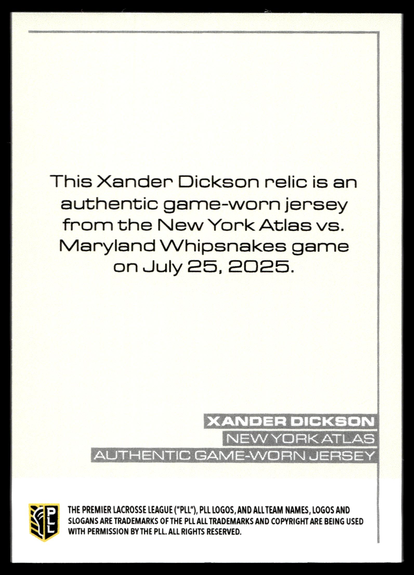 Xander Dickson 2025 PLL Flagship New York Atlas Relic