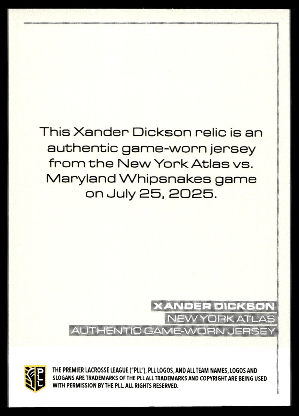 Xander Dickson 2025 PLL Flagship New York Atlas Relic