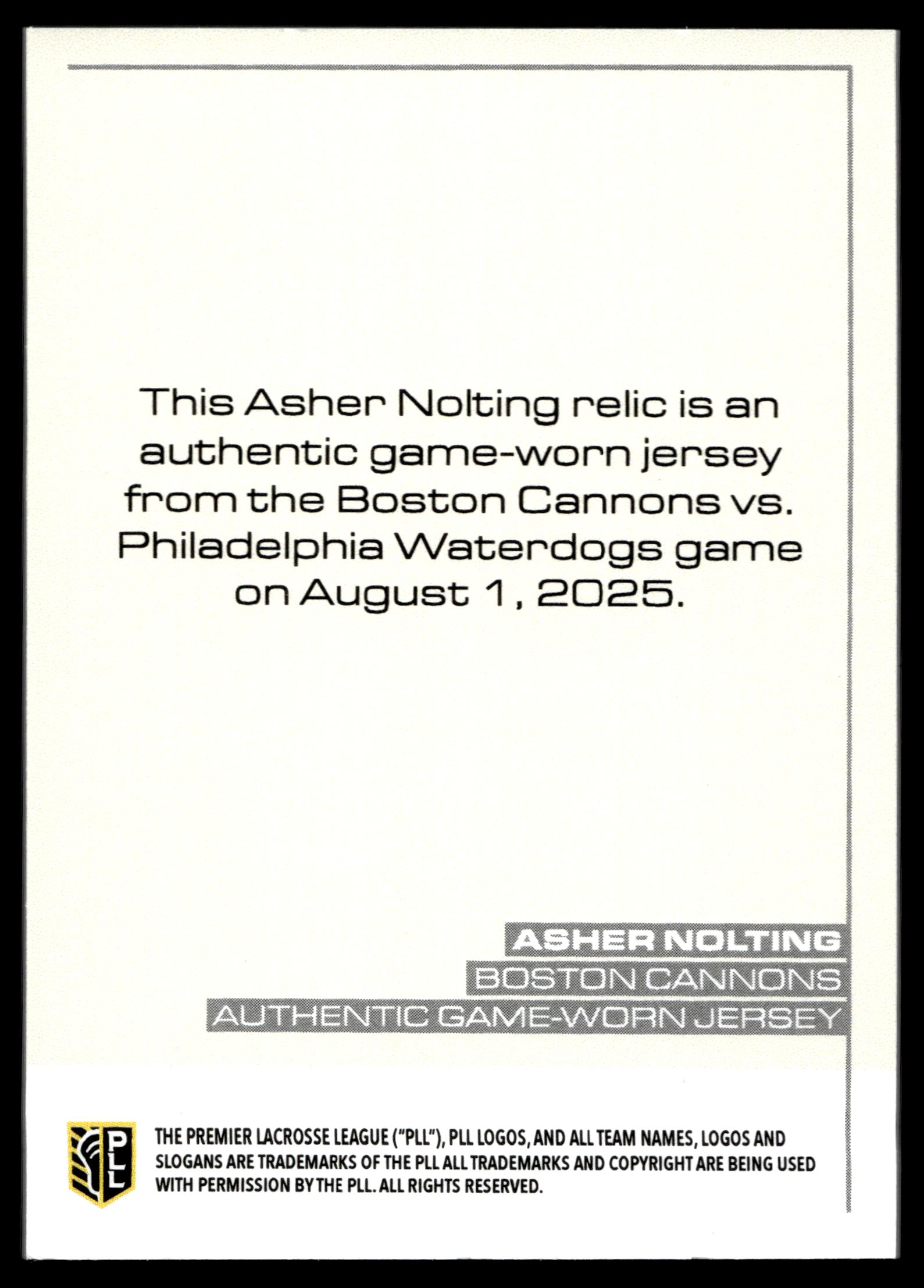 Asher Nolting 2025 PLL Flagship Boston Cannons Relic