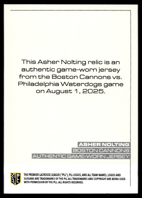 Asher Nolting 2025 PLL Flagship Boston Cannons Relic
