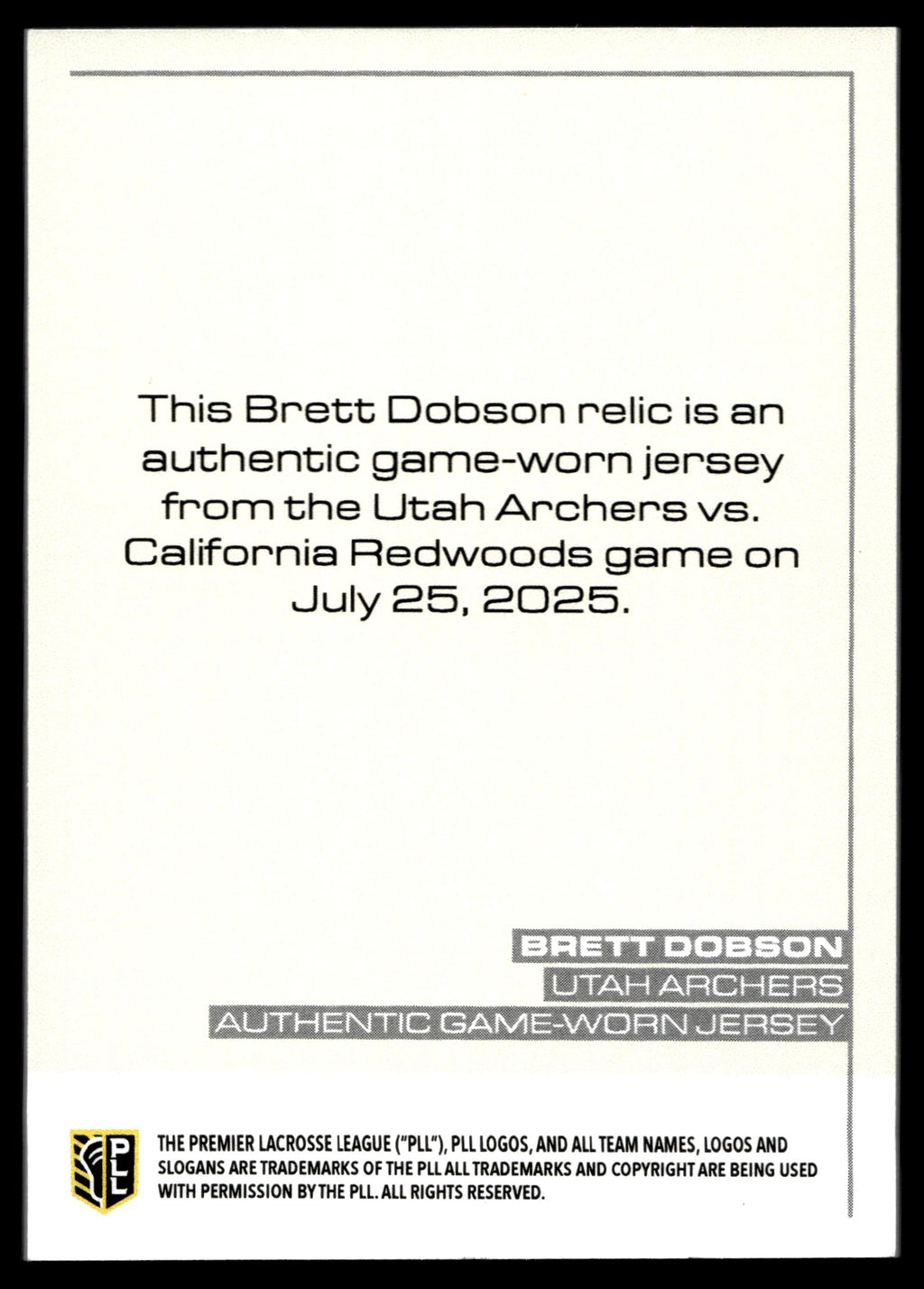 Brett Dobson 2025 PLL Flagship Utah Archers Relic