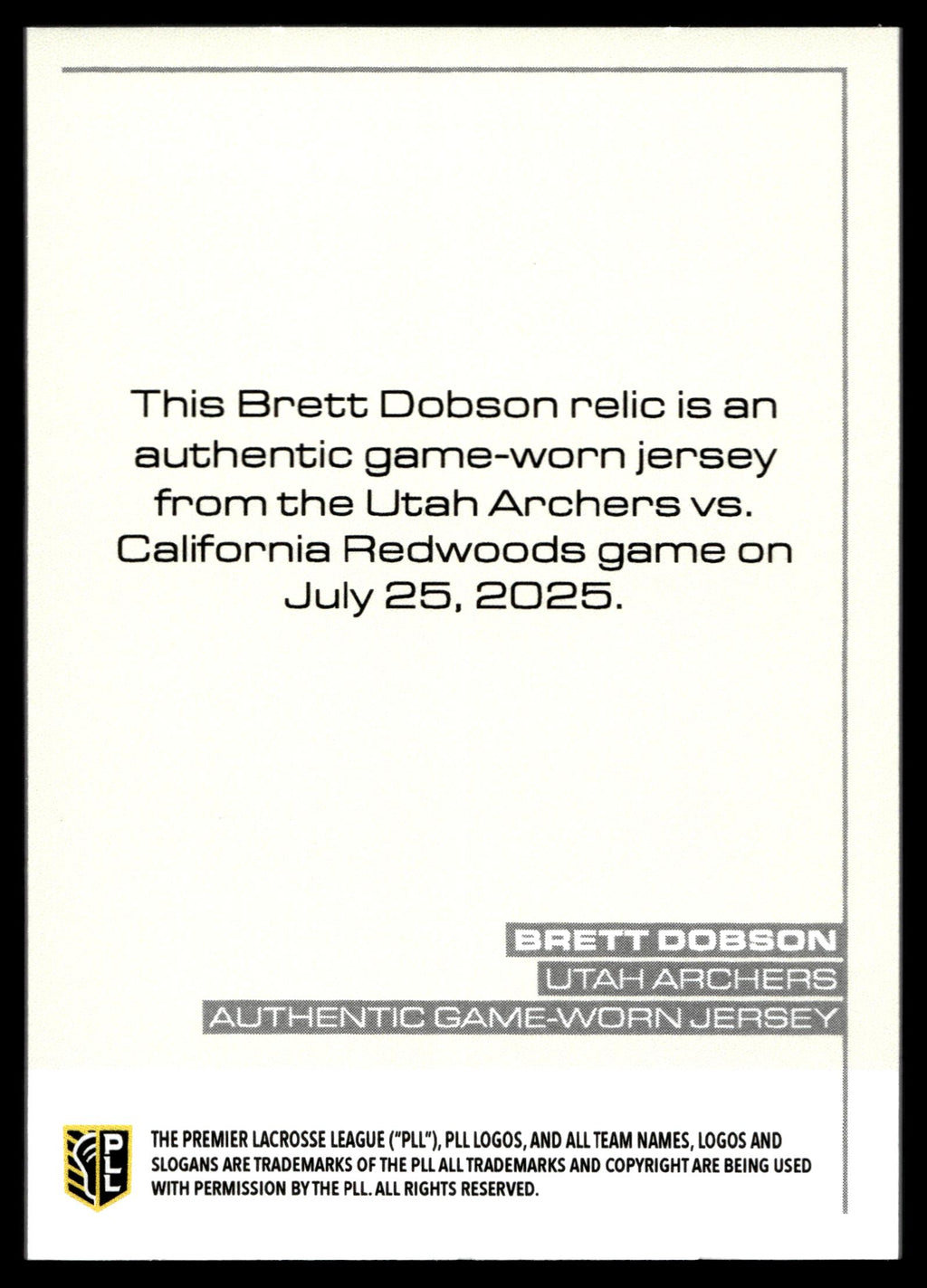 Brett Dobson 2025 PLL Flagship Utah Archers Relic