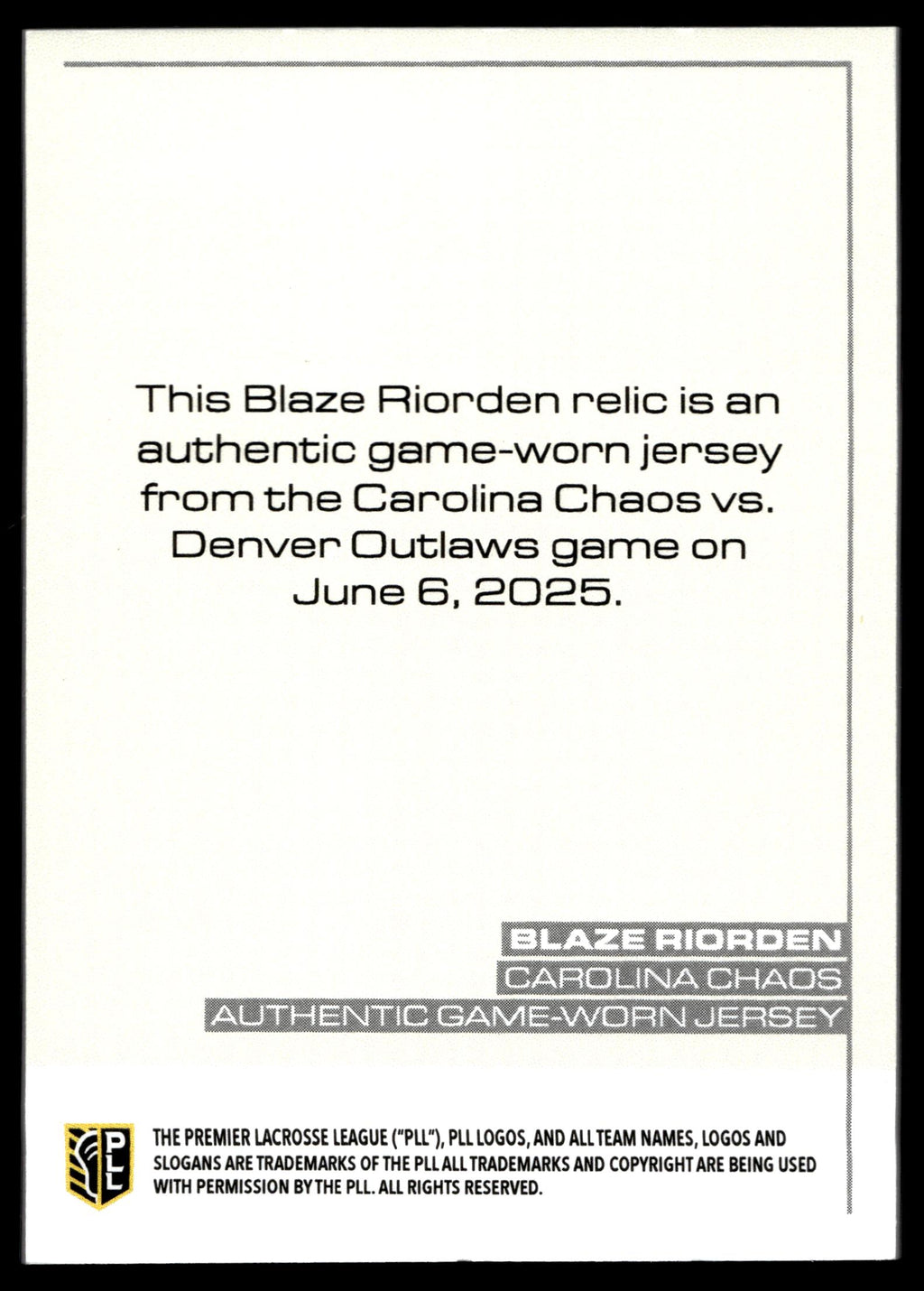 Blaze Riorden 2025 PLL Flagship Maryland Whipsnakes Relic
