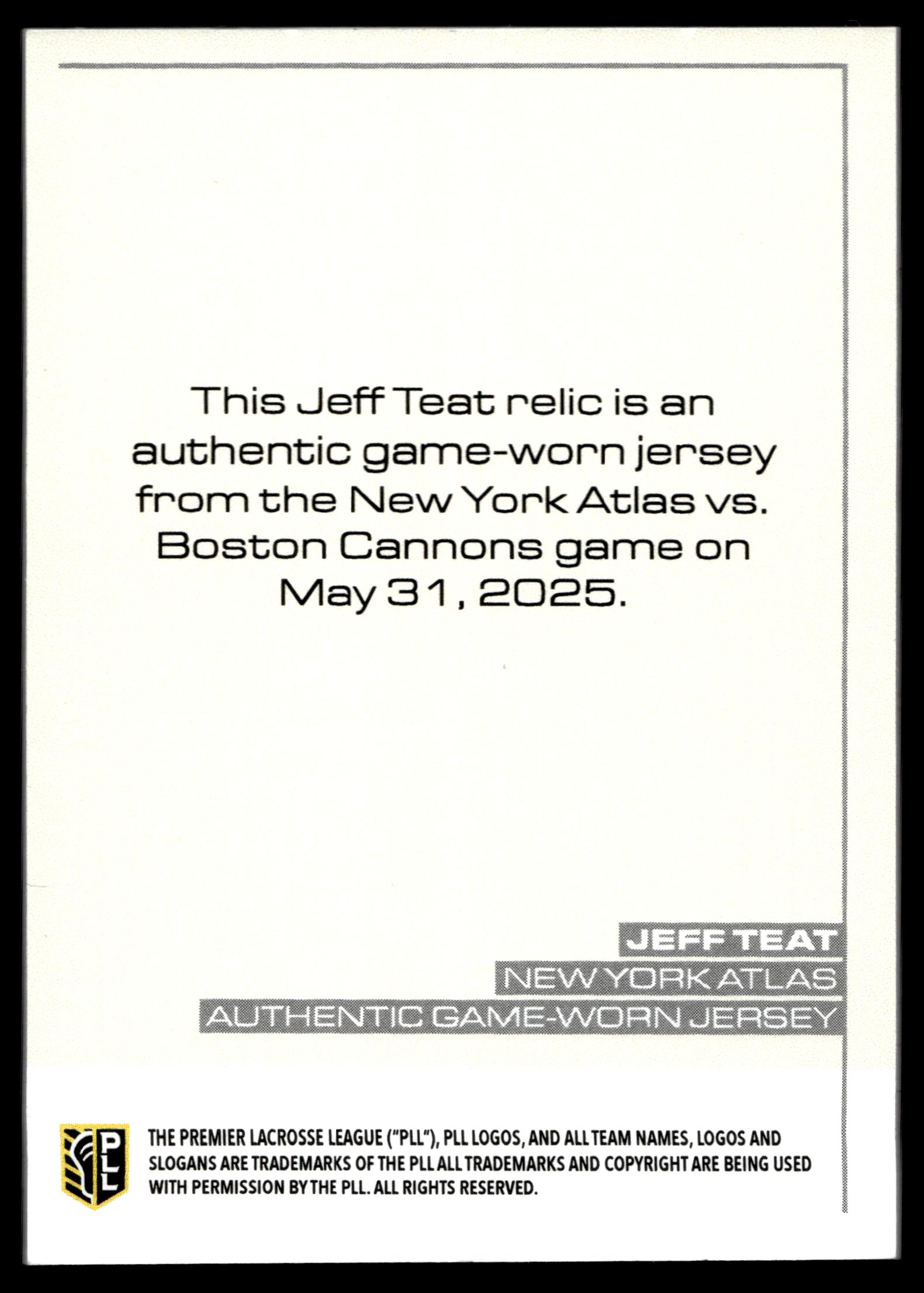 Jeff Teat 2025 PLL Flagship New York Atlas Relic