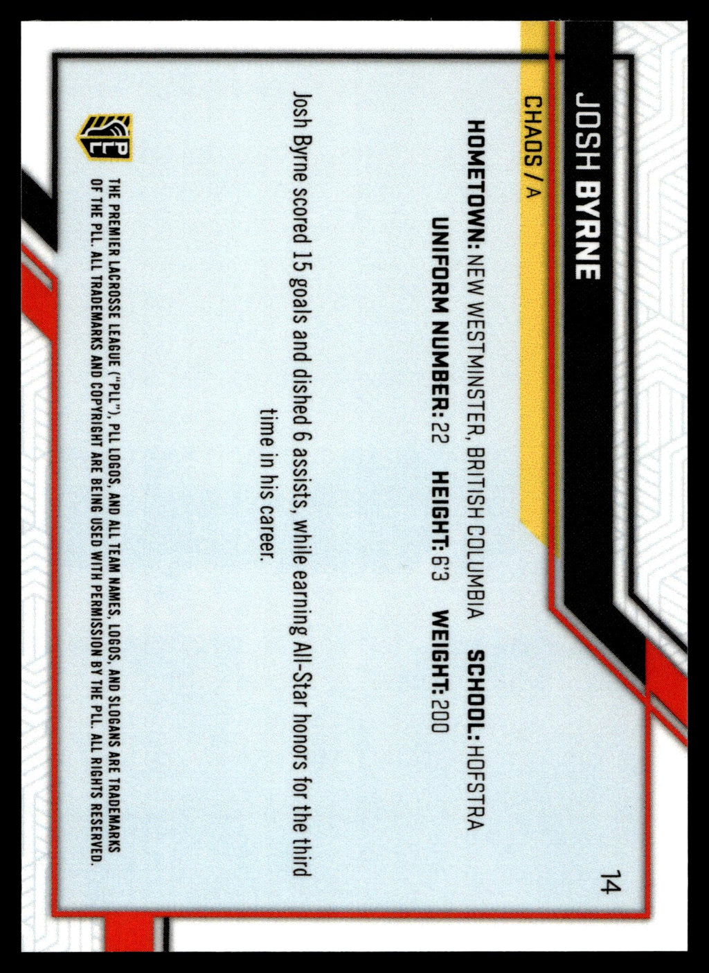 Josh Byrne 2023 PLL Snapshot Carolina Chaos Auto #14