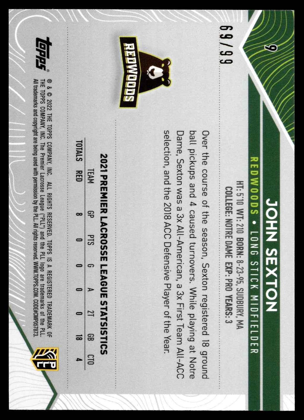 John Sexton 2022 Topps PLL Redwoods Blue 69/99 #9