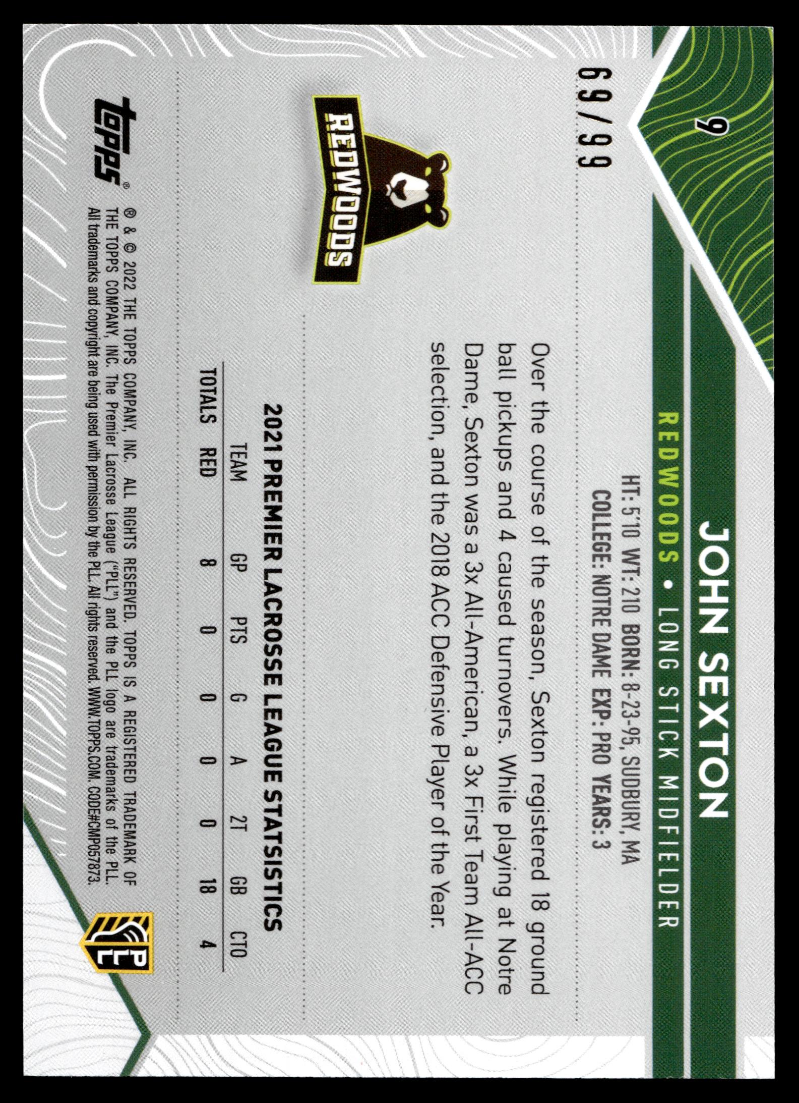 John Sexton 2022 Topps PLL Redwoods Blue 69/99 #9