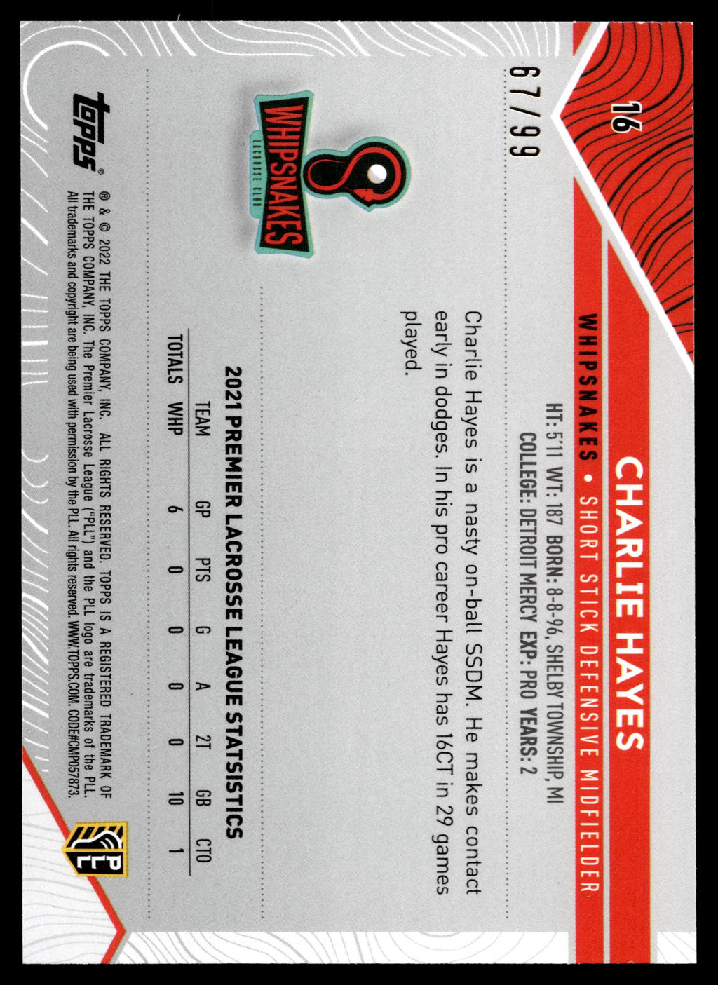 Charlie Hayes 2022 Topps PLL Whipsnakes Blue 67/99 #16