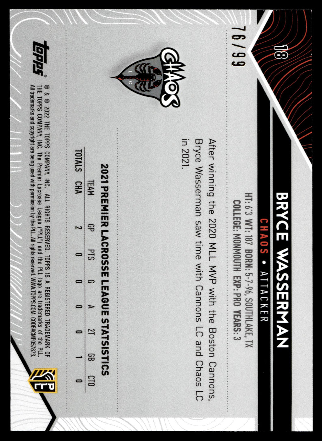 Bryce Wasserman 2022 Topps PLL Chaos Blue 76/99 #18