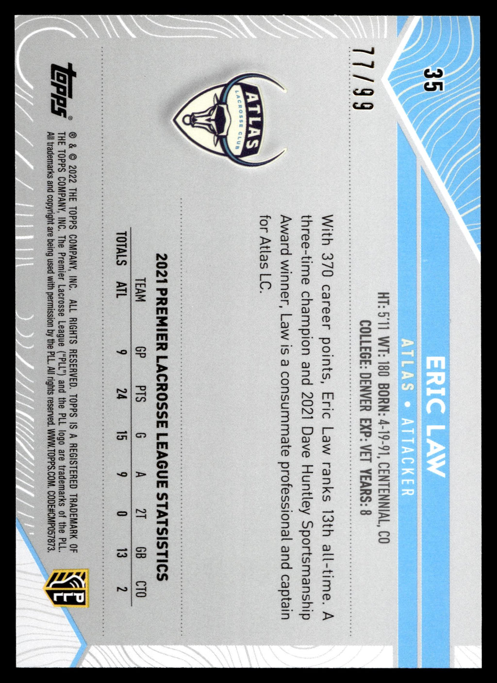 Eric Law 2022 Topps PLL Atlas Blue 77/99 #35