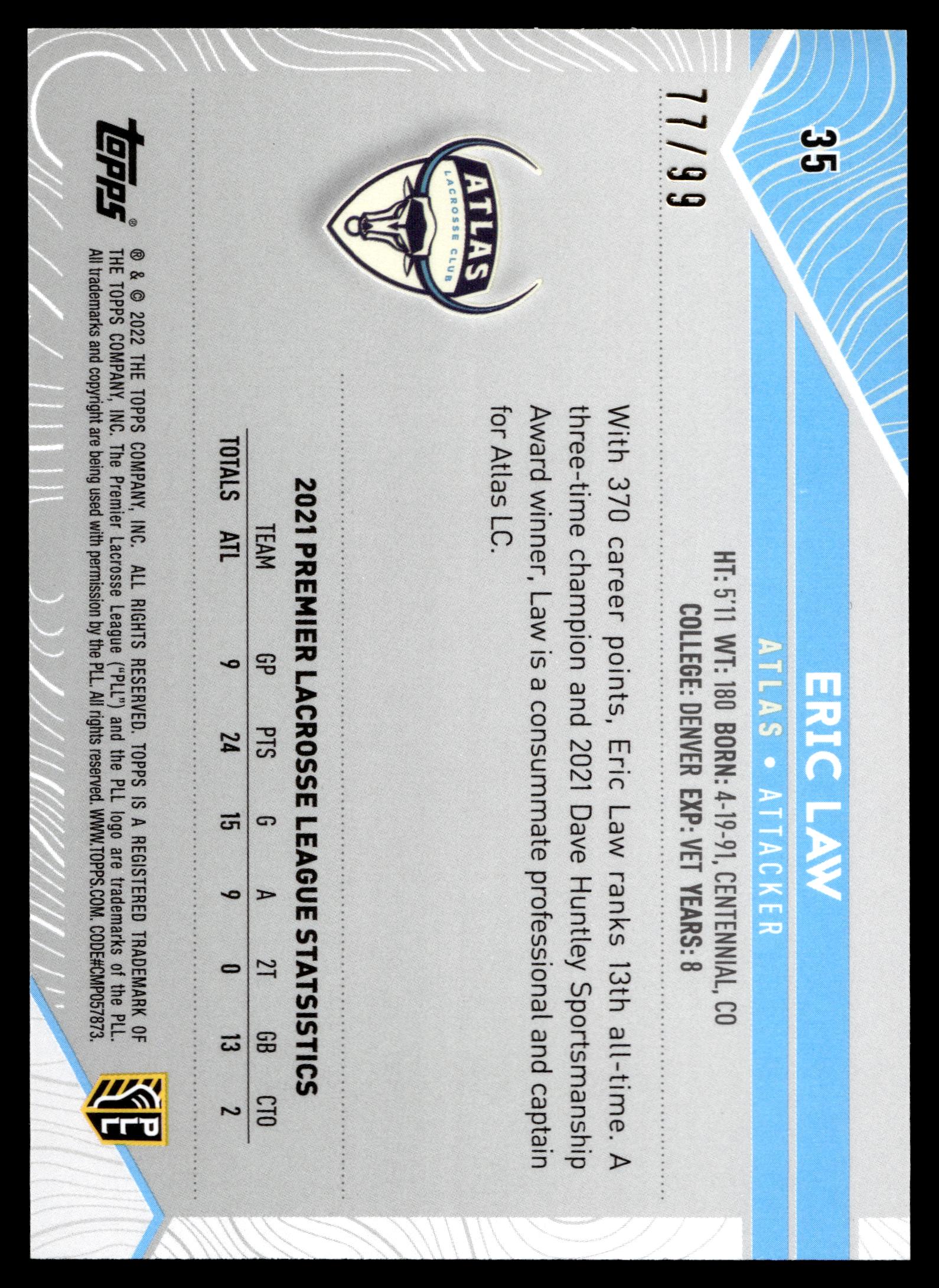 Eric Law 2022 Topps PLL Atlas Blue 77/99 #35
