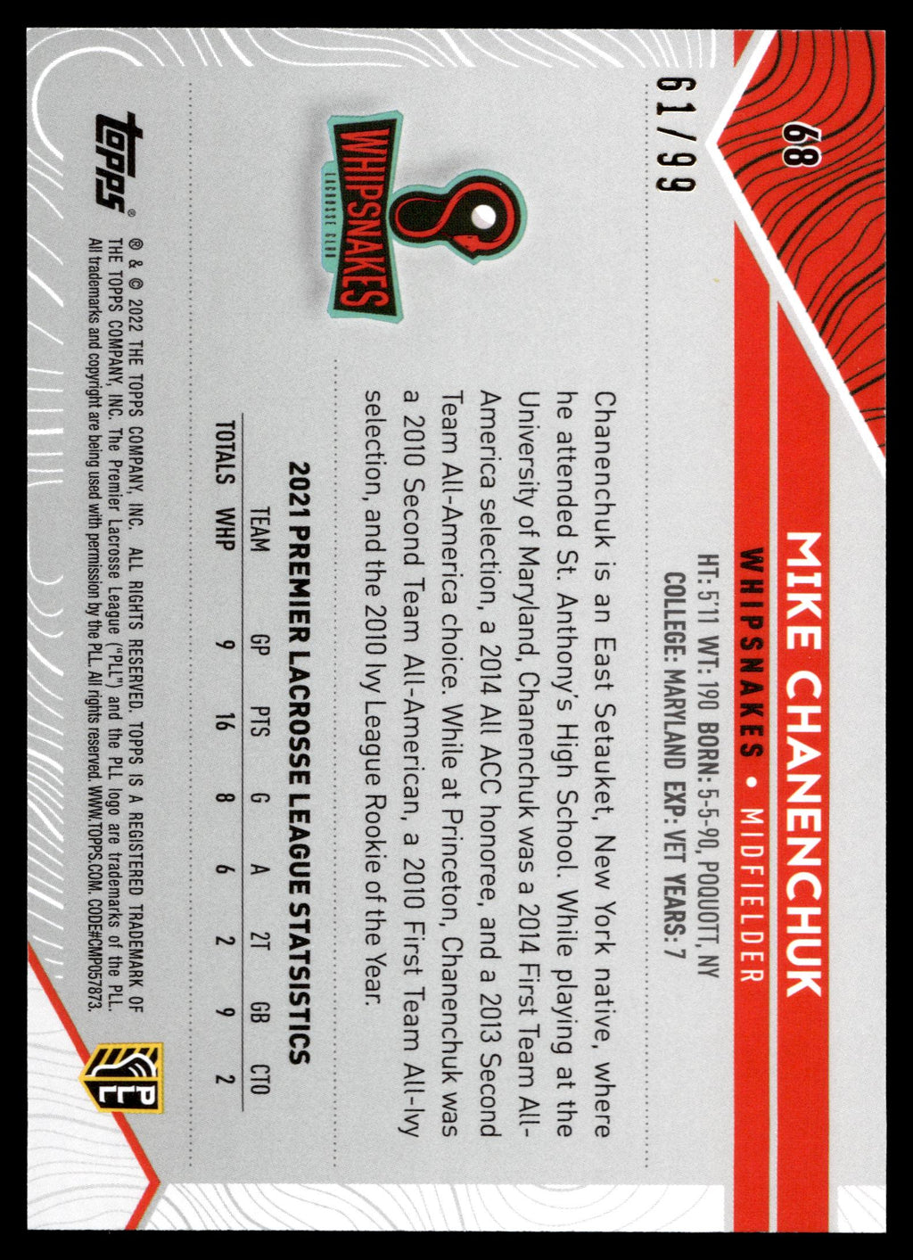 Mike Chanenchuk 2022 Topps PLL Whipsnakes Blue 61/99 #68