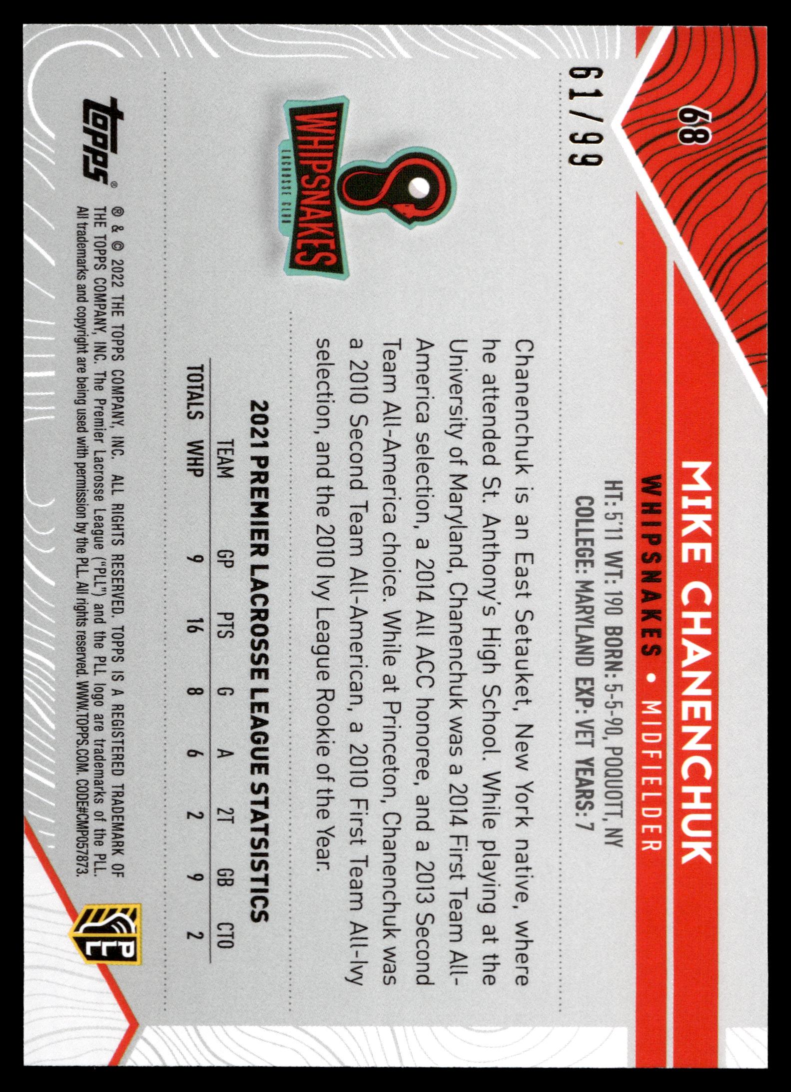 Mike Chanenchuk 2022 Topps PLL Whipsnakes Blue 61/99 #68