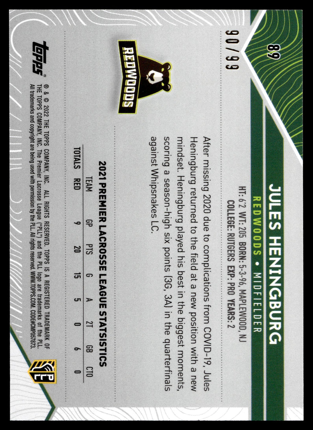 Jules Heningburg 2022 Topps PLL Redwoods Blue 90/99 #89