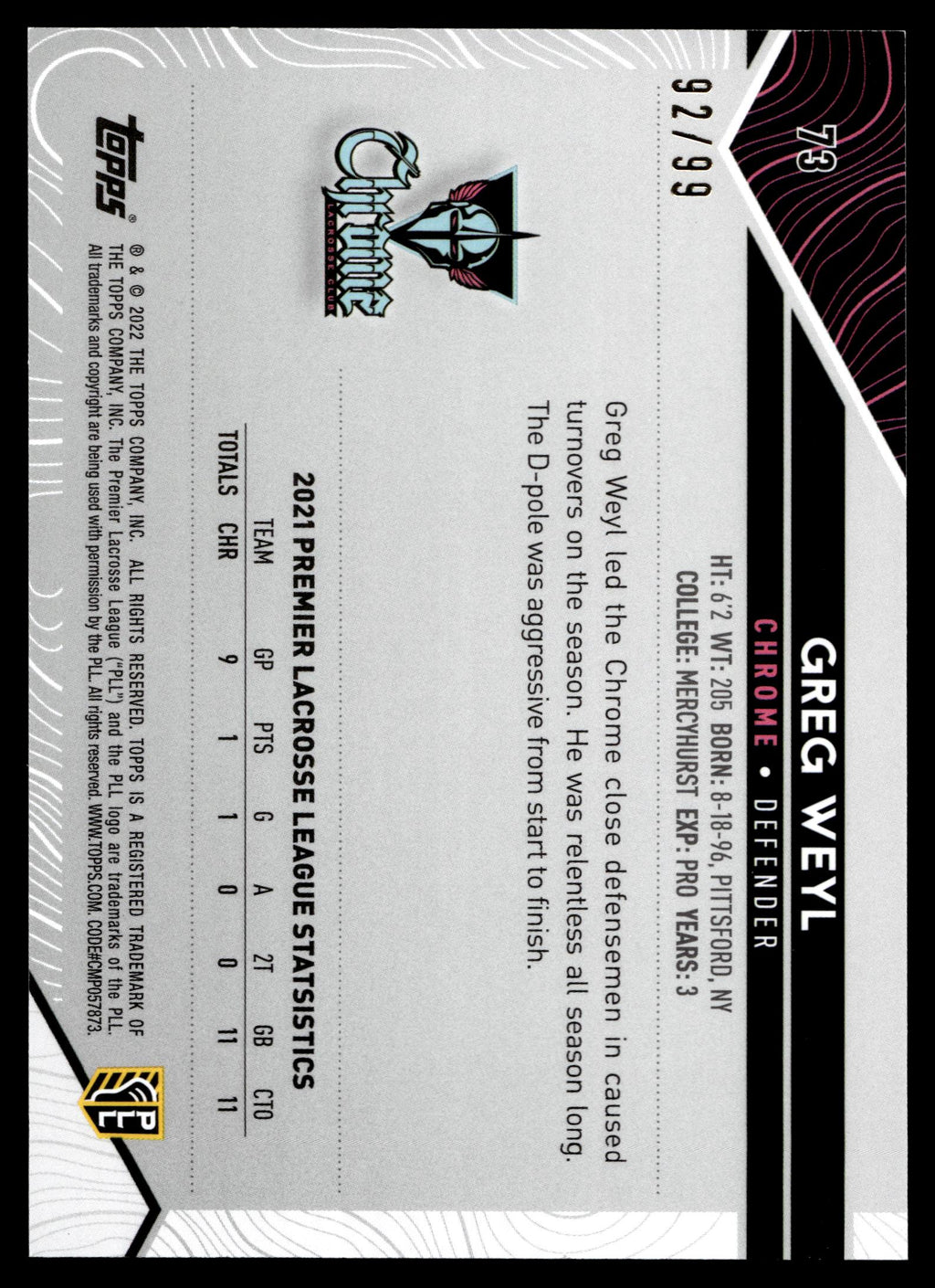 Greg Weyl 2022 Topps PLL Chrome Blue 92/99 #73