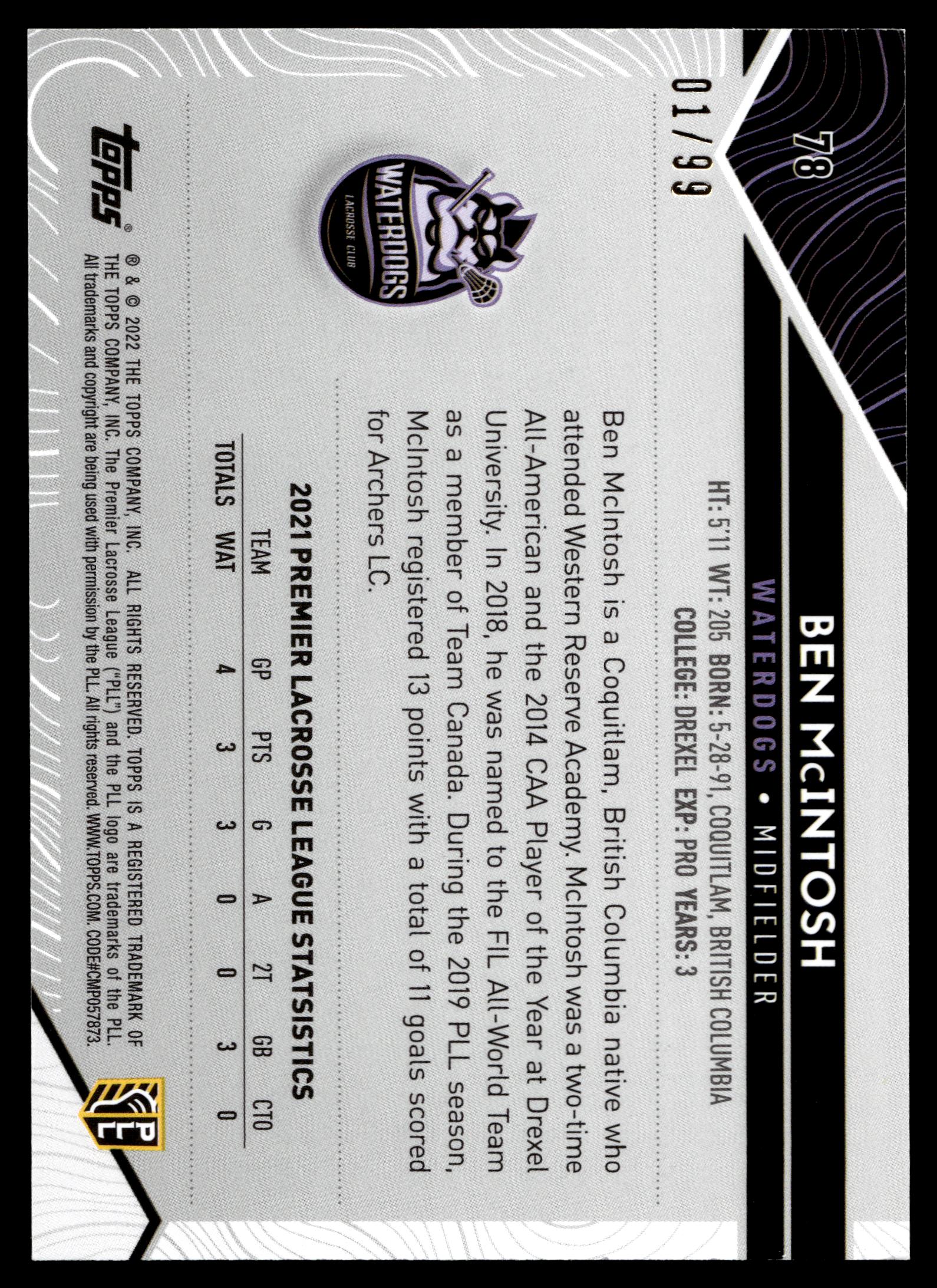 Ben McIntosh 2022 Topps PLL Waterdogs Blue 01/99 #78
