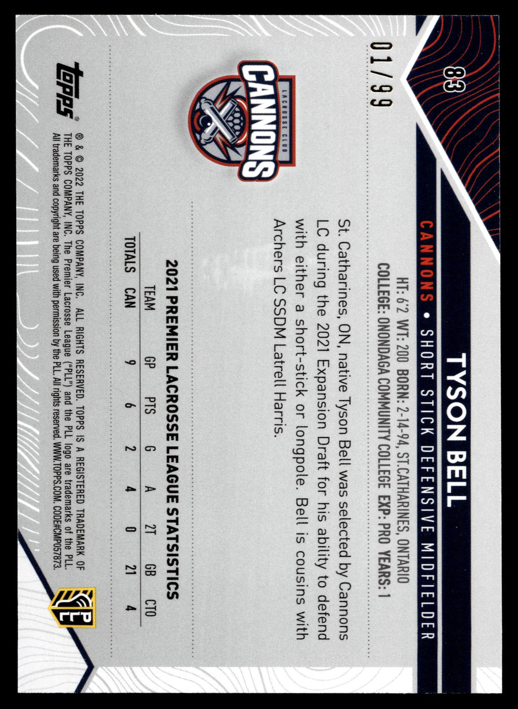 Tyson Bell 2022 Topps PLL Cannons Blue 01/99 #83
