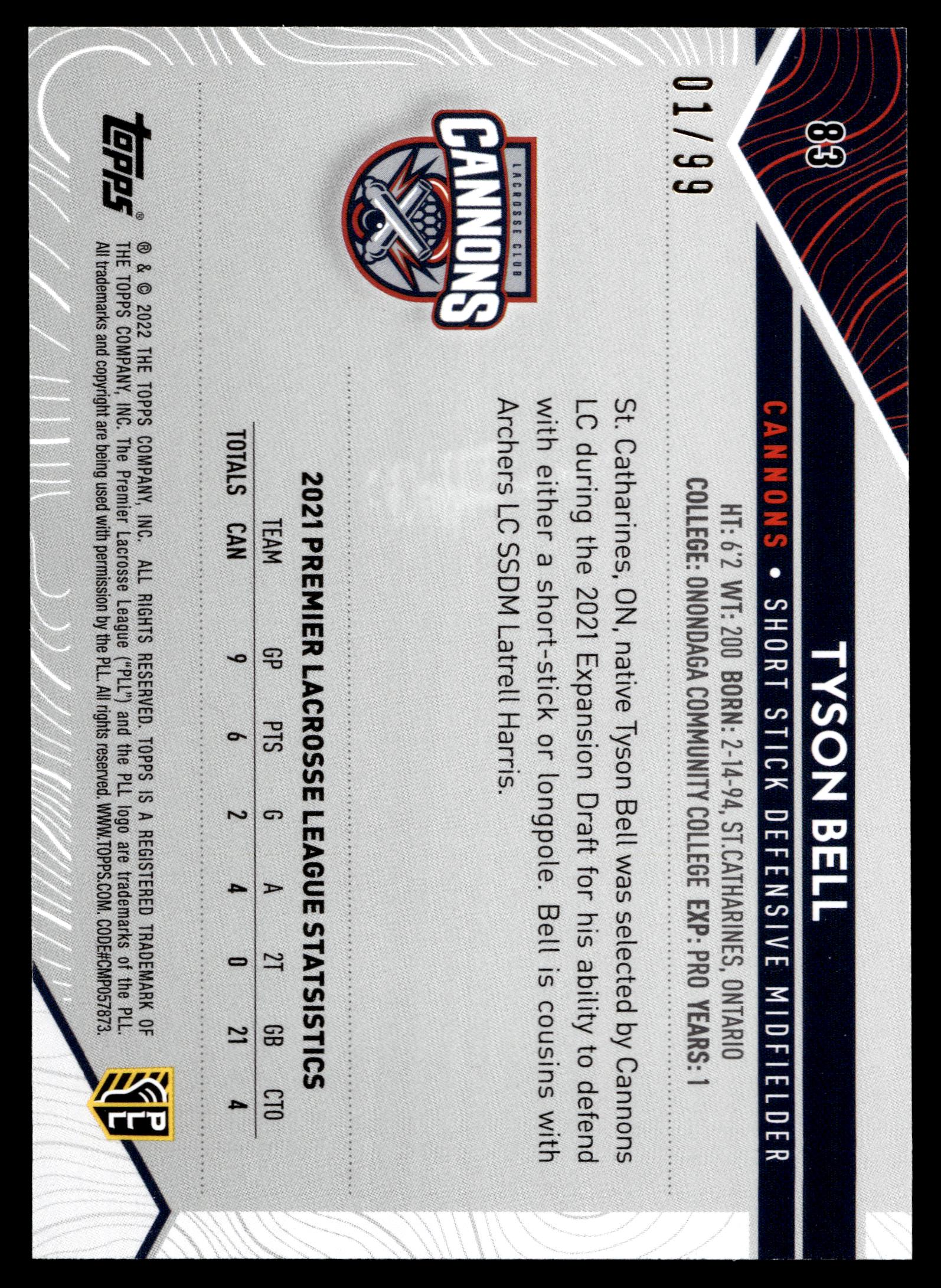 Tyson Bell 2022 Topps PLL Cannons Blue 01/99 #83