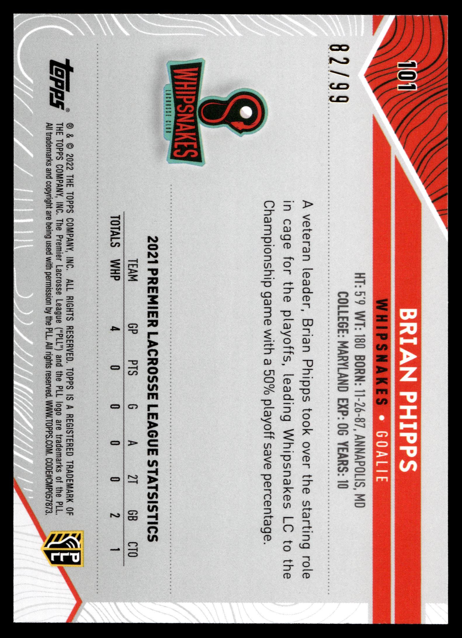 Brian Phipps 2022 Topps PLL Whipsnakes Blue 82/99 #101