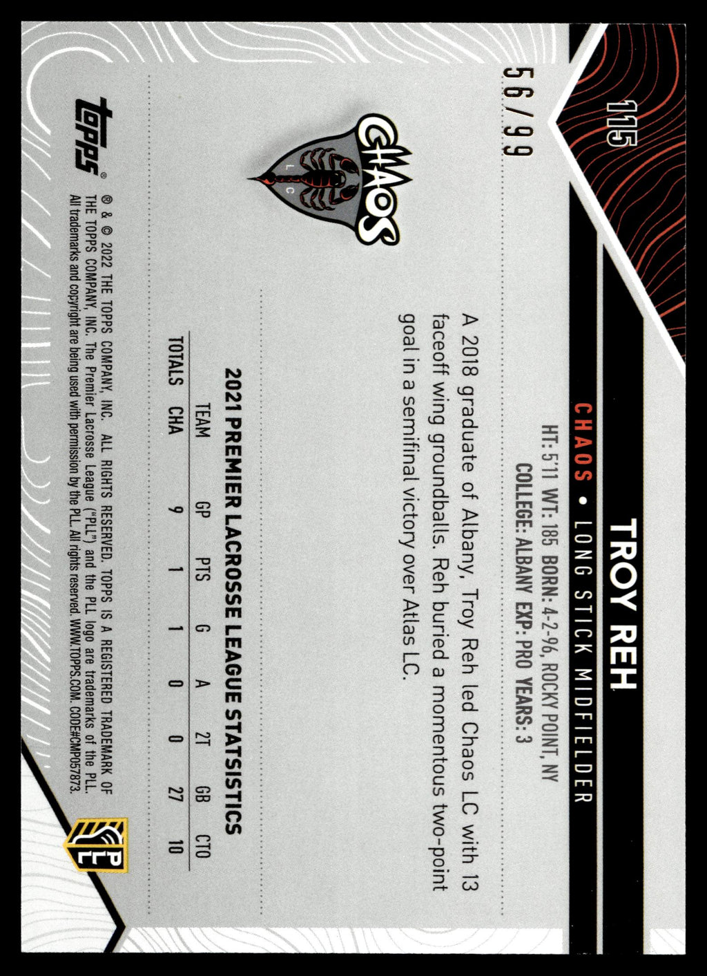 Troy Reh 2022 Topps PLL Chaos Blue 56/99 #115