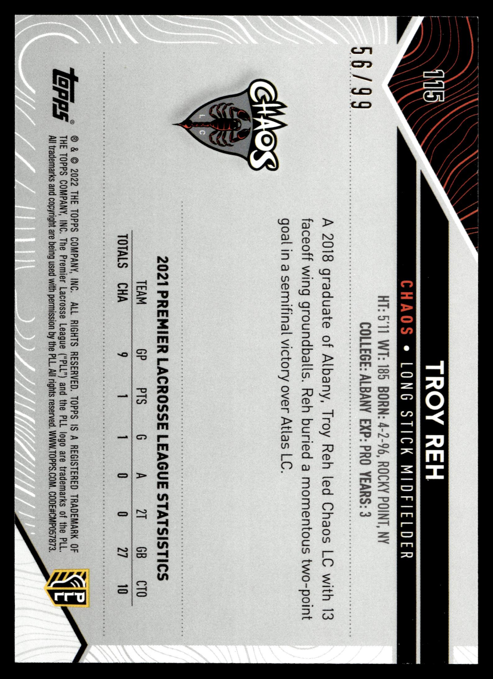 Troy Reh 2022 Topps PLL Chaos Blue 56/99 #115