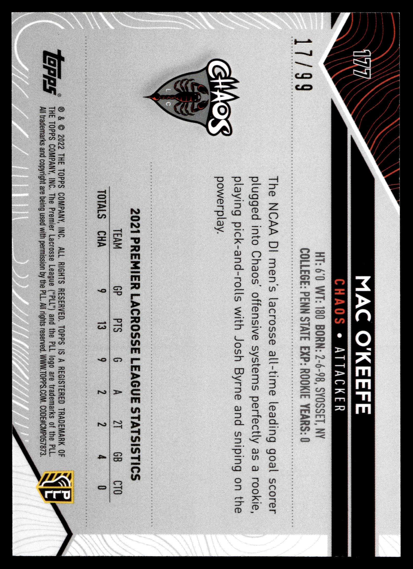 Mac O'Keefe 2022 Topps PLL Chaos Blue 17/99 #177