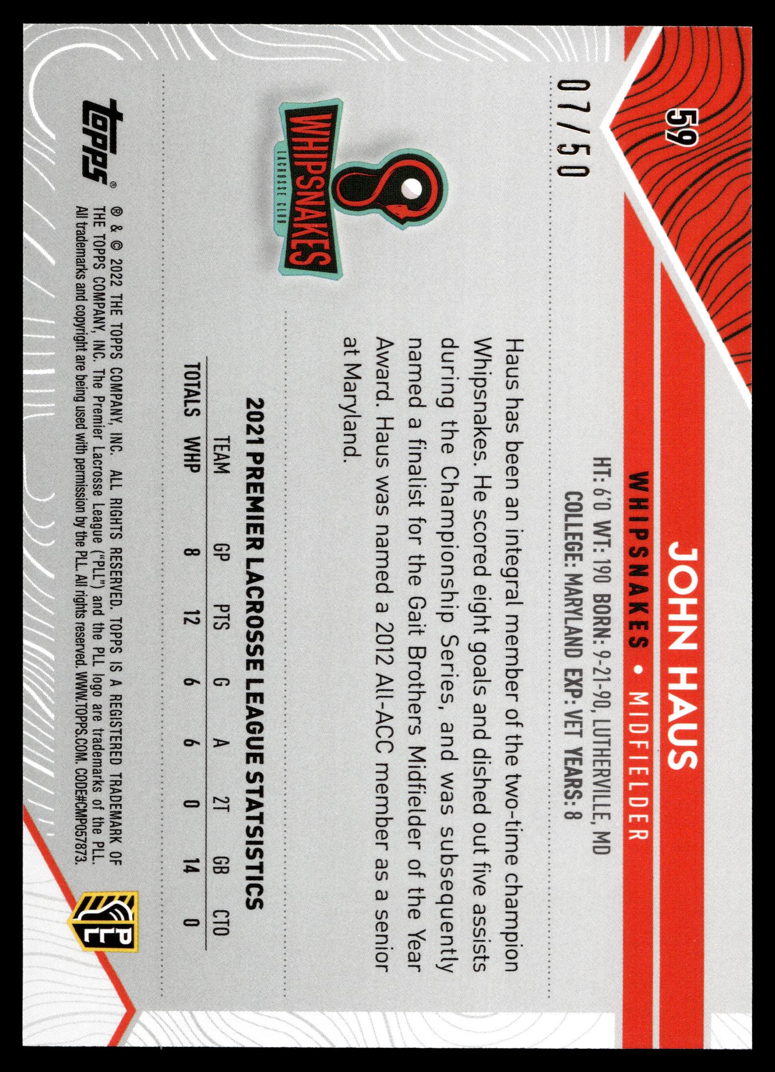 John Haus 2022 Topps PLL Whipsnakes Gold 07/50 #59