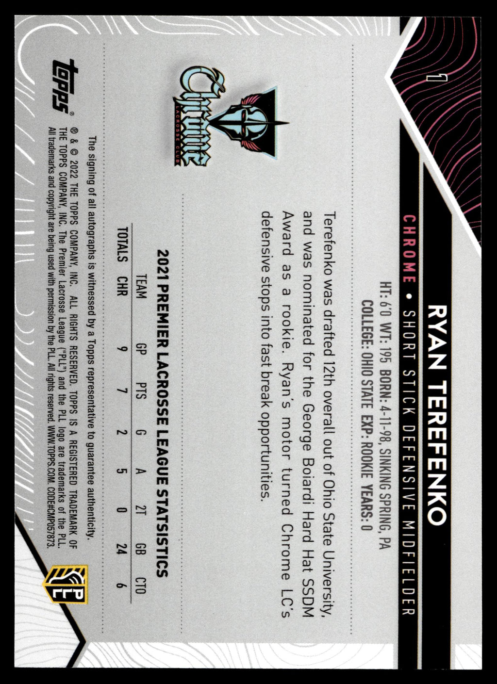 Ryan Terefenko 2022 Topps PLL Chrome Base Auto #1