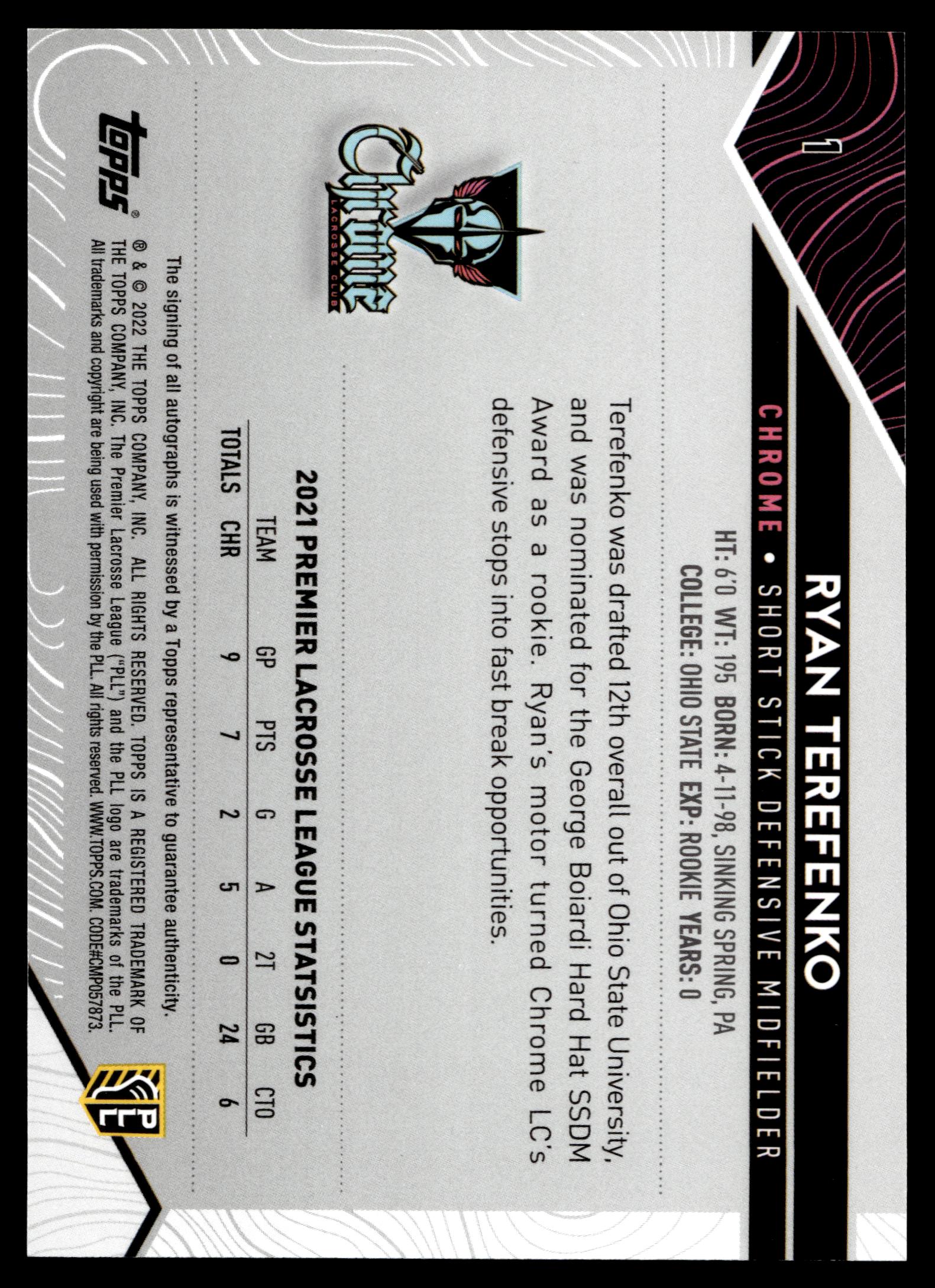 Ryan Terefenko 2022 Topps PLL Chrome Base Auto #1