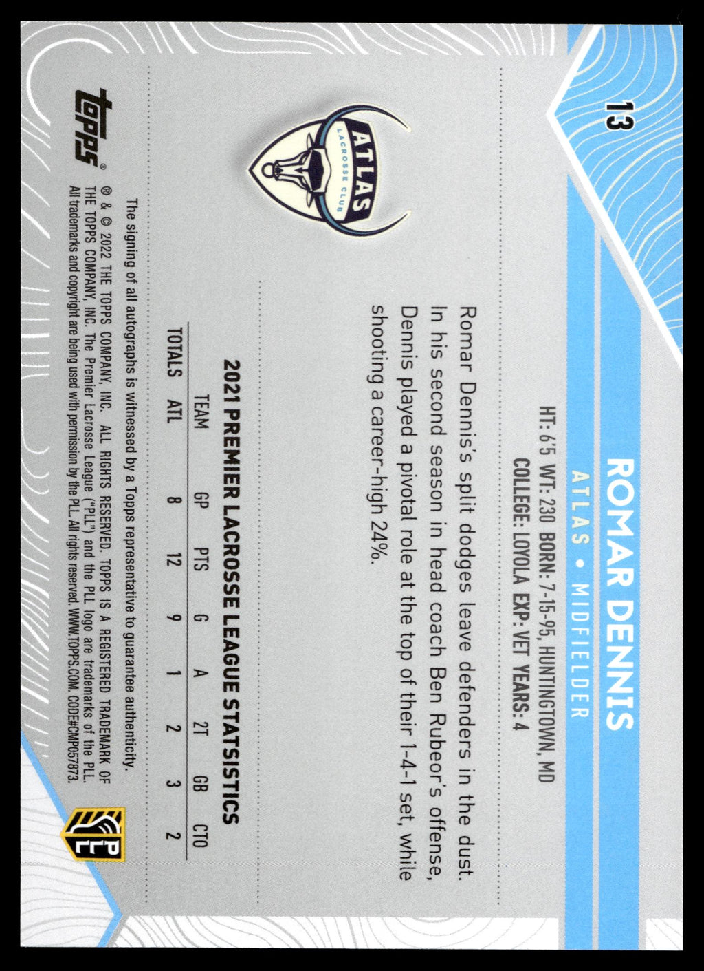Romar Dennis 2022 Topps PLL Atlas Base Auto #13