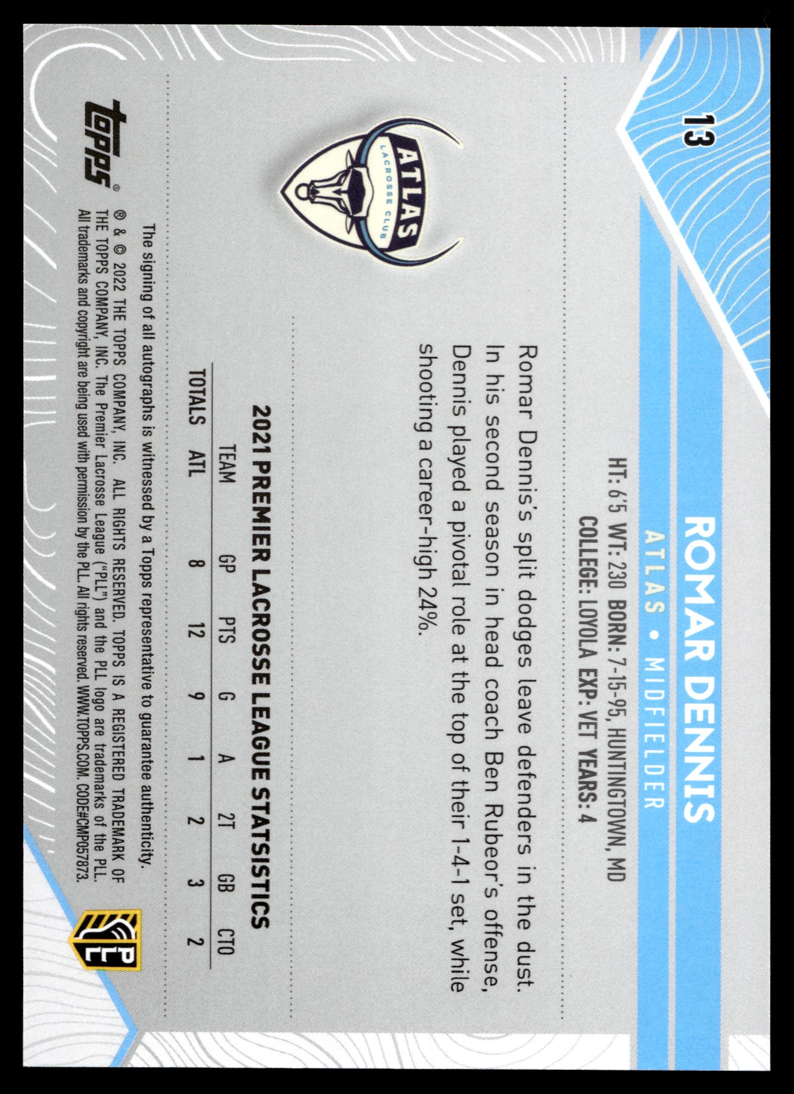 Romar Dennis 2022 Topps PLL Atlas Base Auto #13