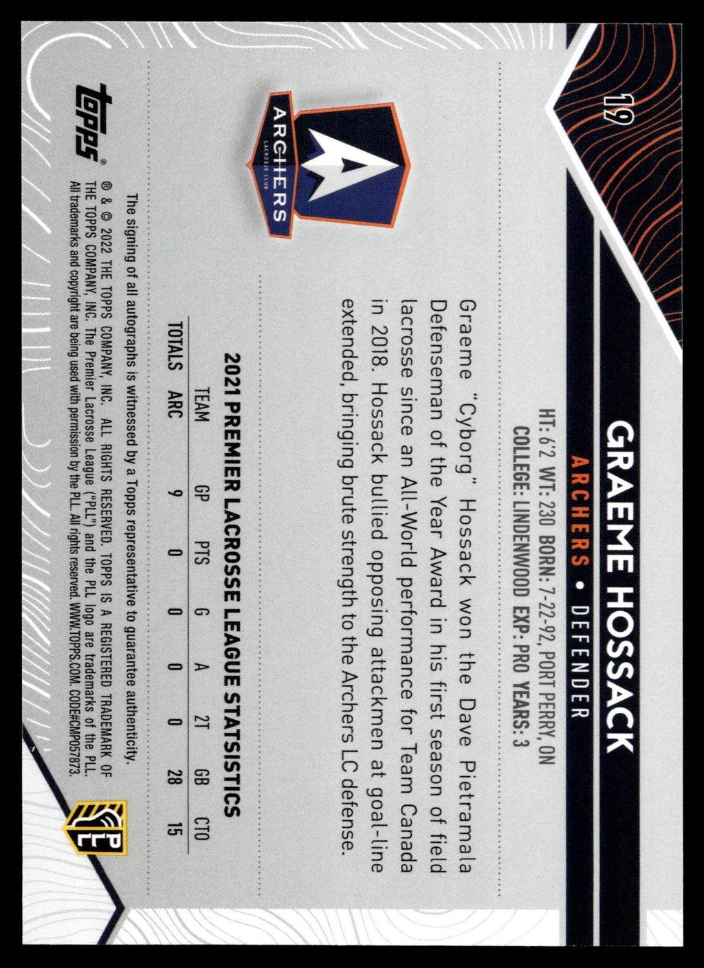 Graeme Hossack 2022 Topps PLL Atlas Base Auto #19