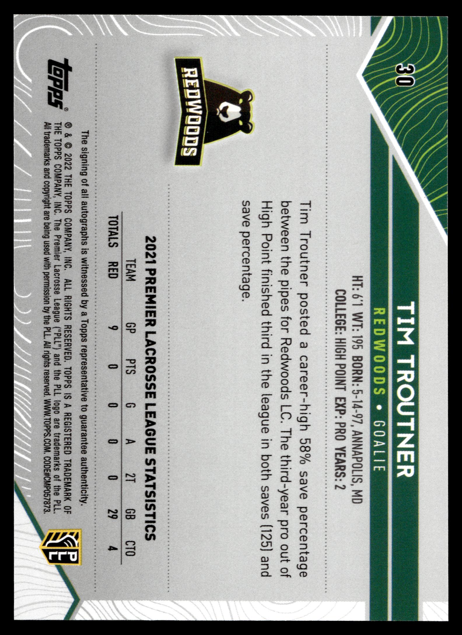 Tim Troutner 2022 Topps PLL Redwoods Base Auto #30