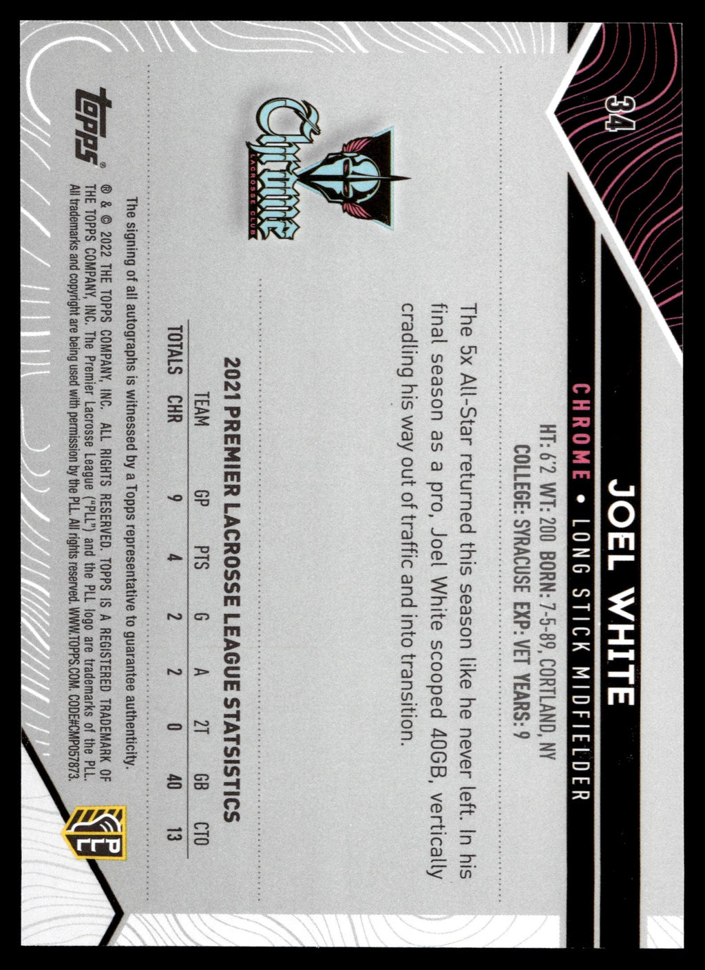 Joel White 2022 Topps PLL Chrome Base Auto #34