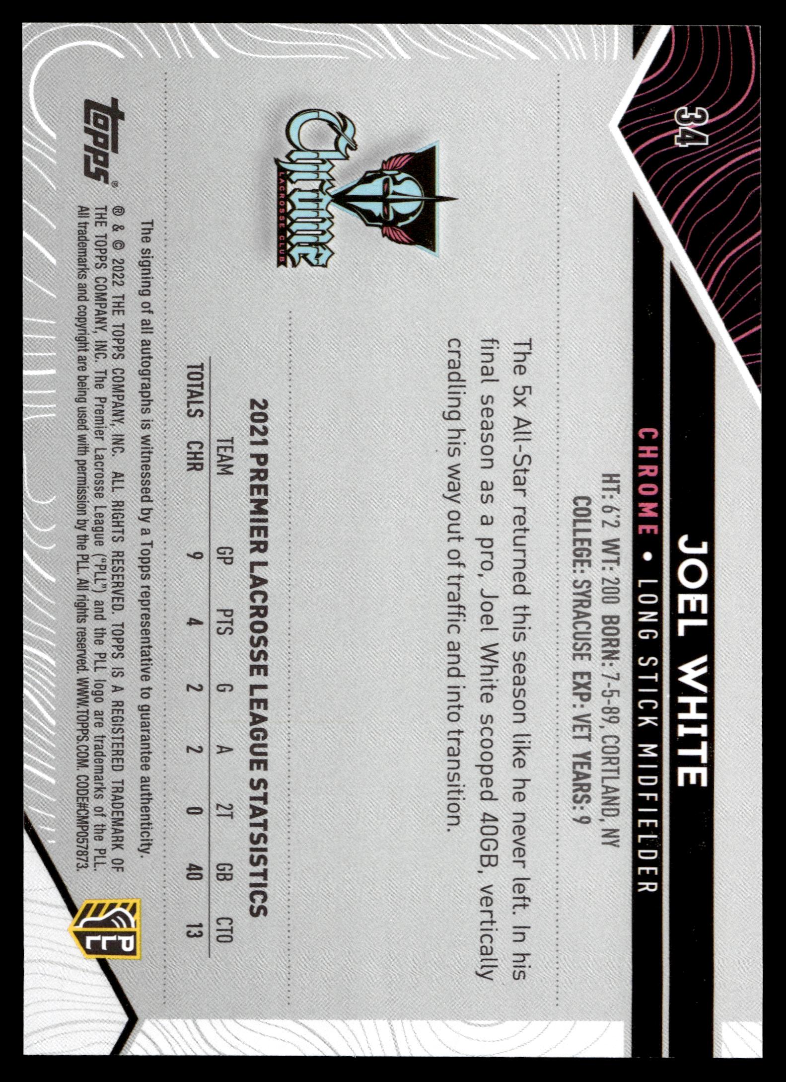 Joel White 2022 Topps PLL Chrome Base Auto #34