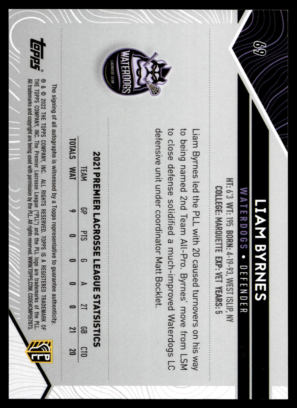 Liam Byrnes 2022 Topps PLL Waterdogs Base Auto #69