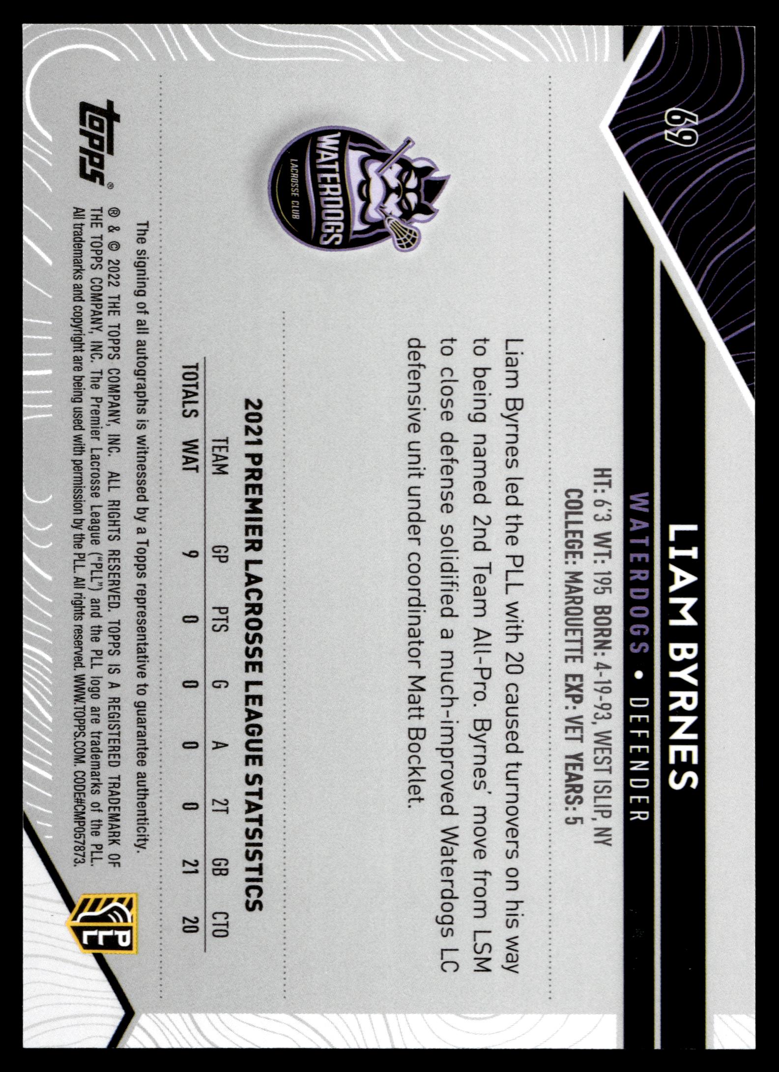 Liam Byrnes 2022 Topps PLL Waterdogs Base Auto #69