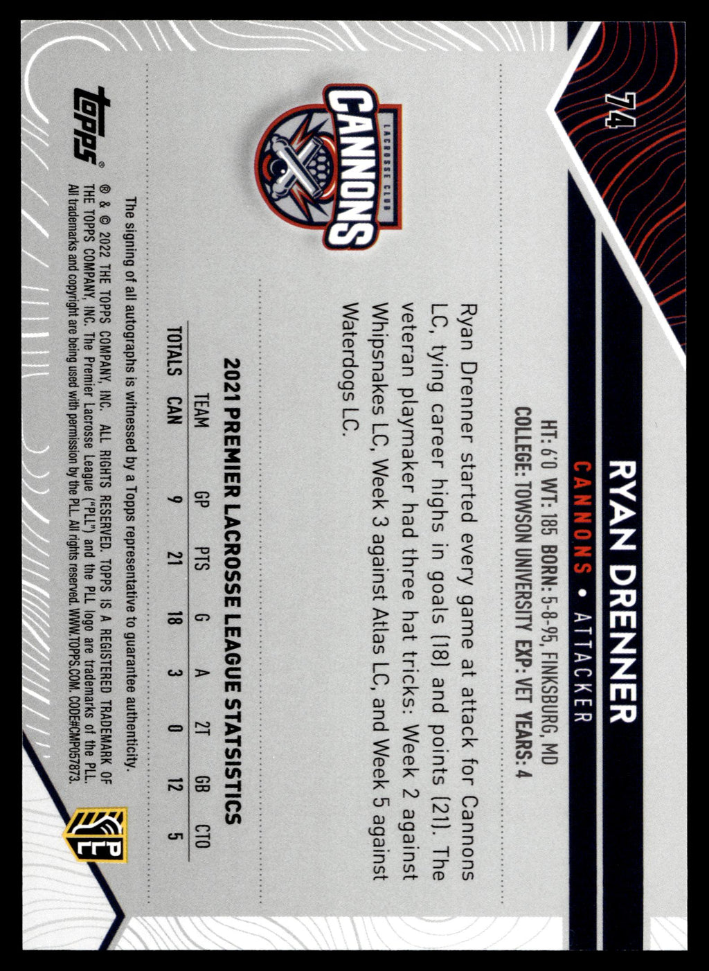 Ryan Drenner 2022 Topps PLL Cannons Base Auto #74